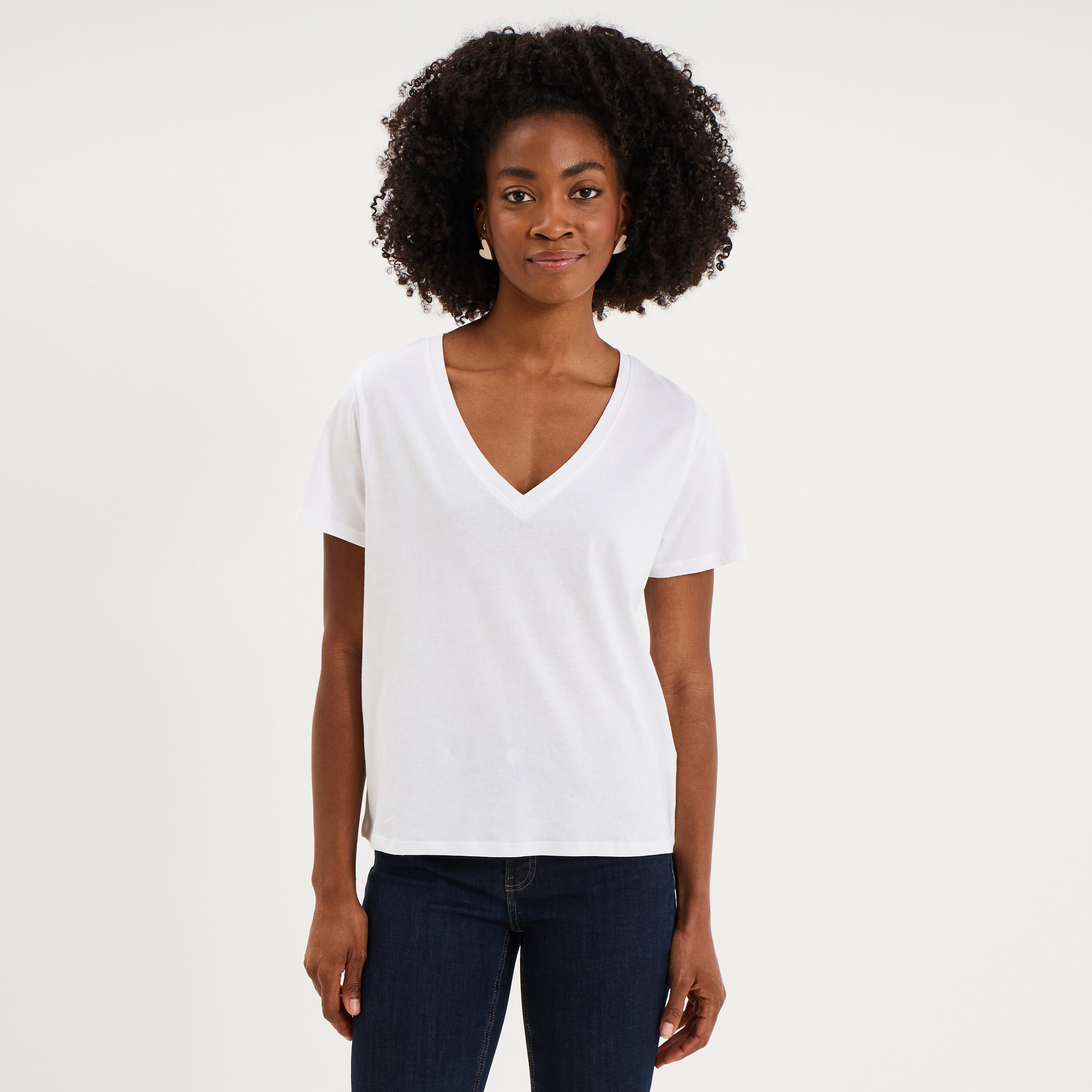T-shirt manches courtes col en V coton blanc femme