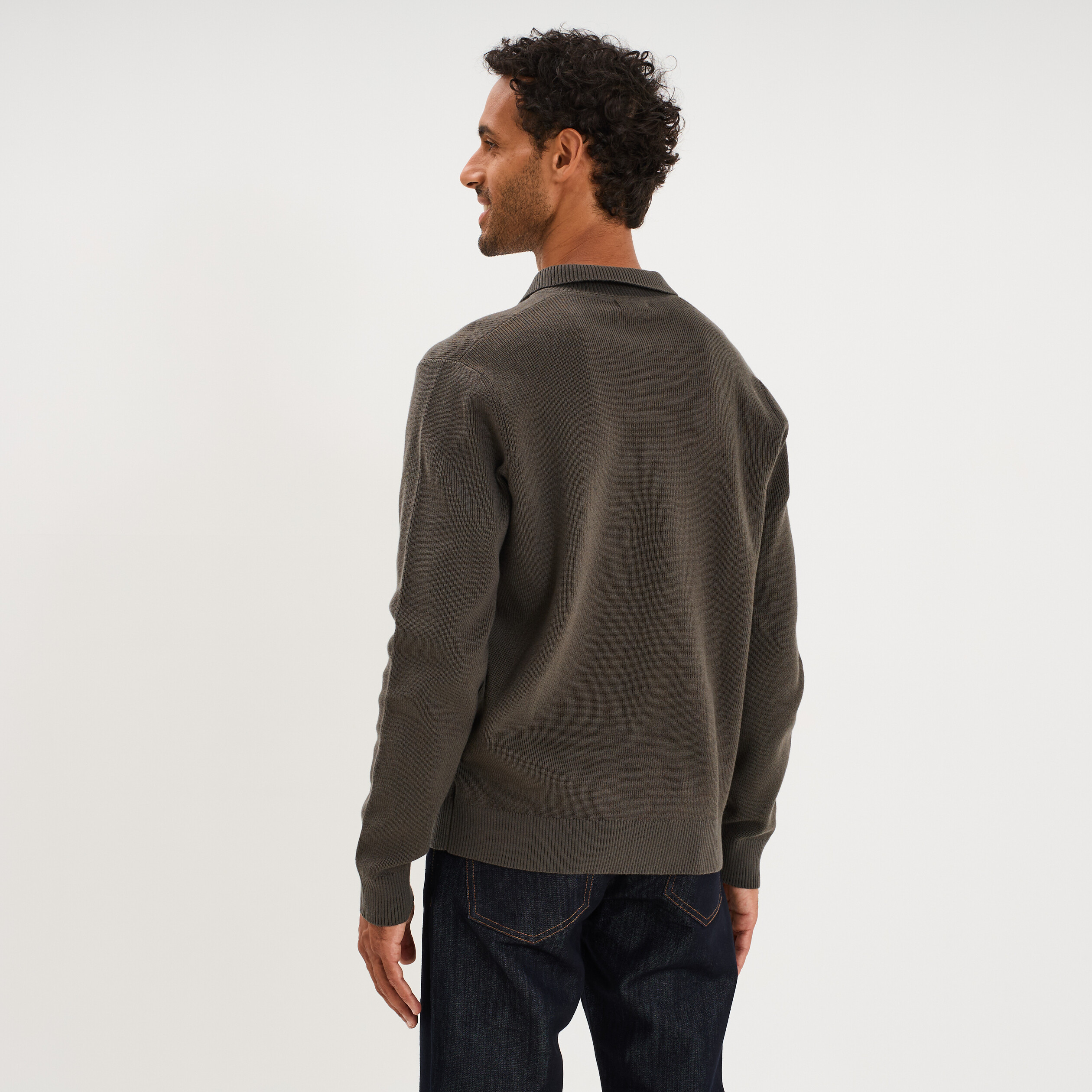 Pull col polo zipp&eacute; manches longues vert homme