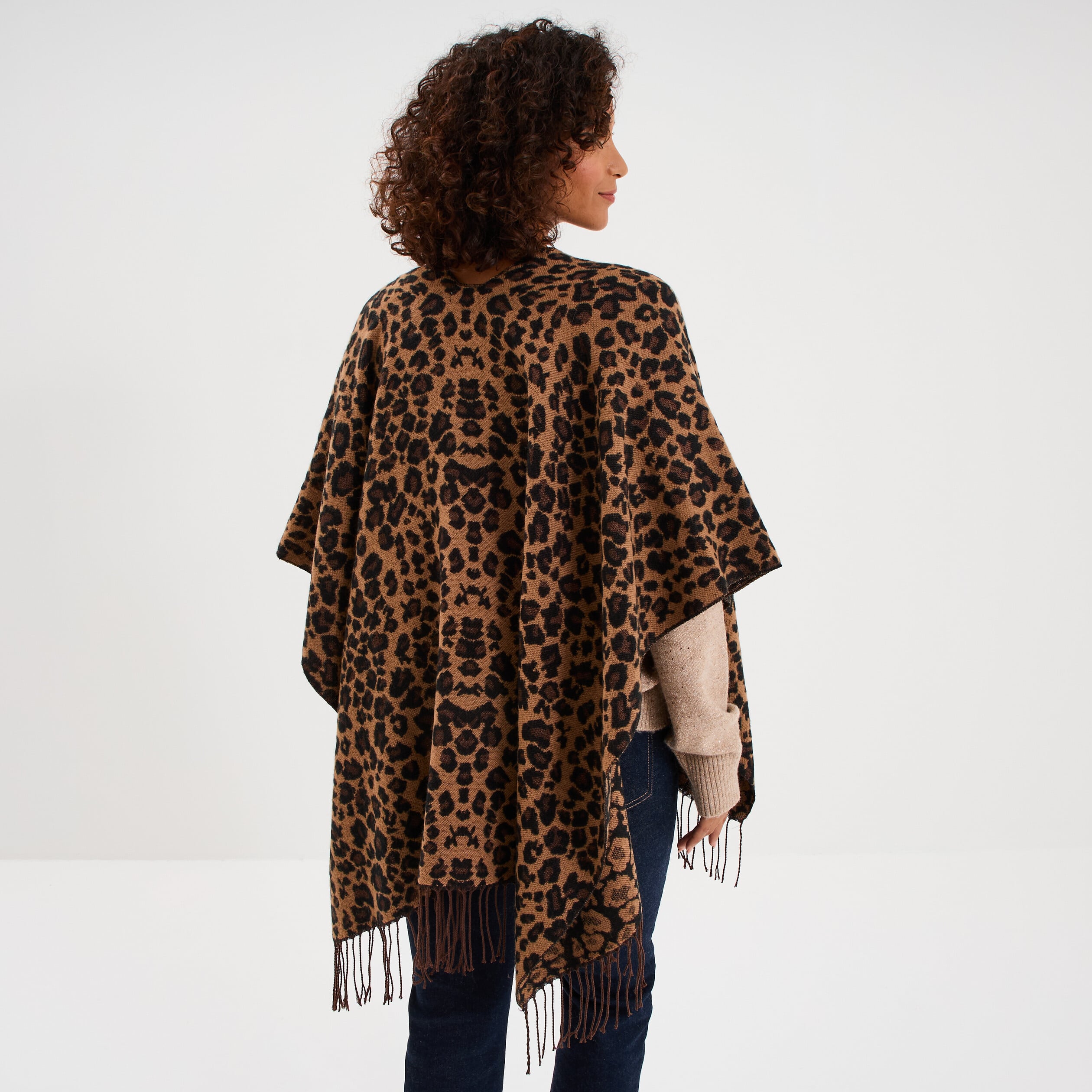 Poncho long &agrave; franges camel femme
