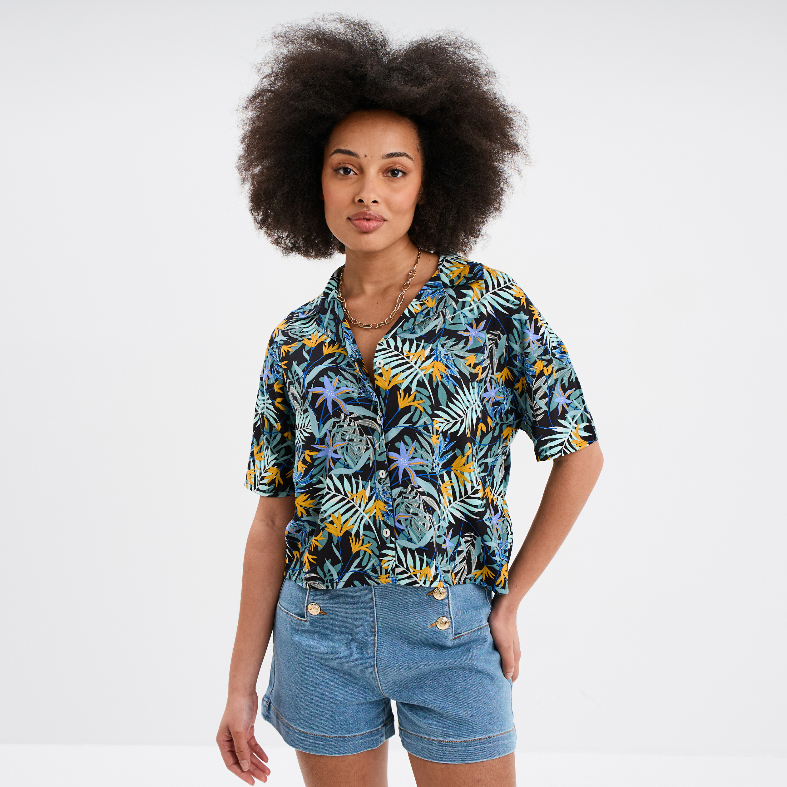 chemise col cubain manches courtes noir femme Chemise col cubain manches courtes noir femme