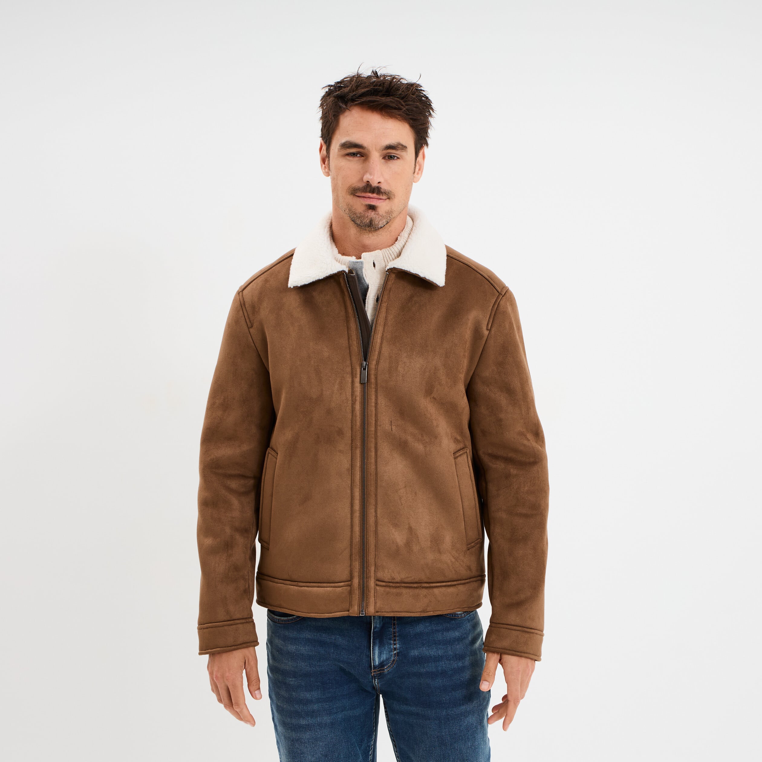 Blouson col aviateur effet su&eacute;dine marron homme