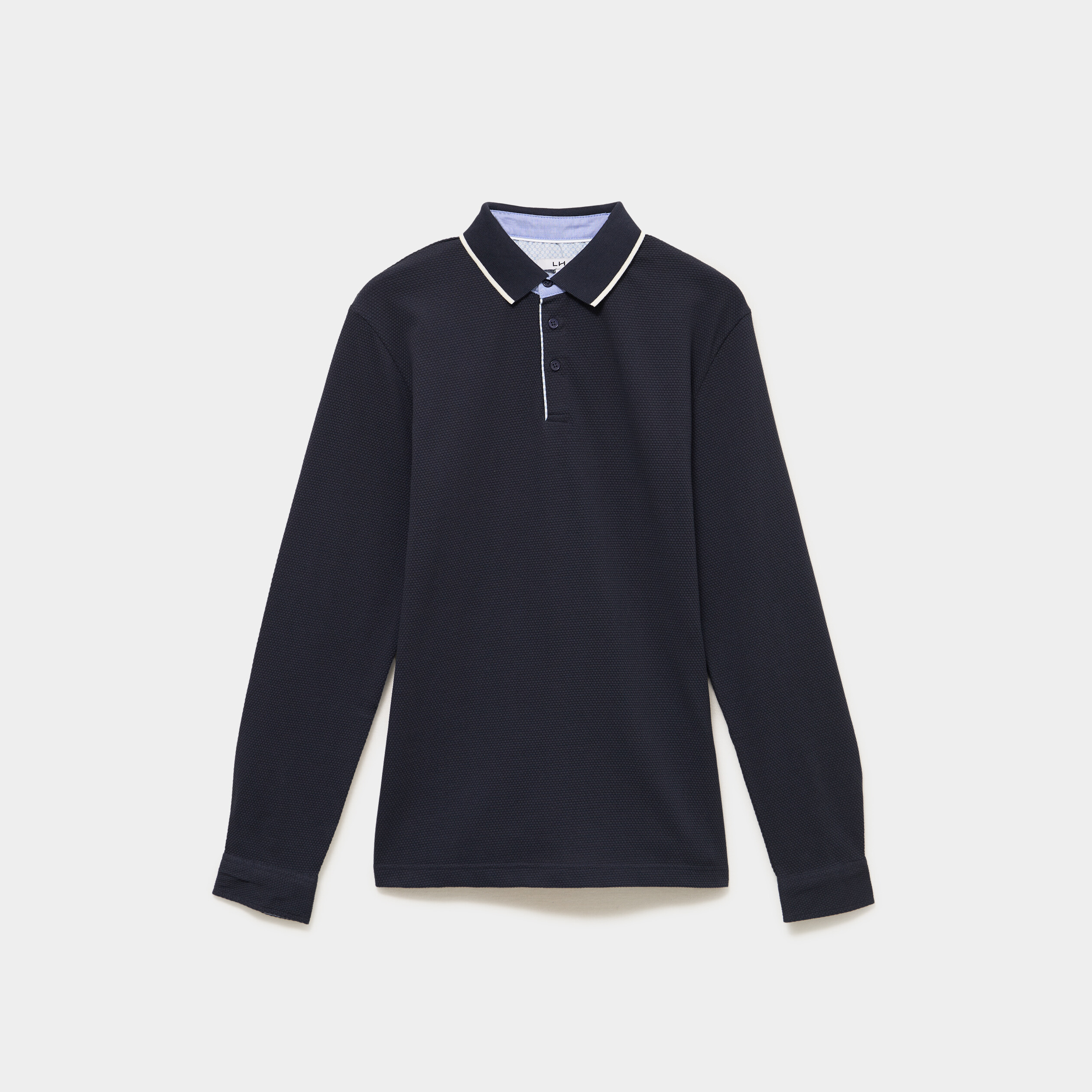 Polo piqu&eacute; droit manches longues coton bleu fonc&eacute; homme