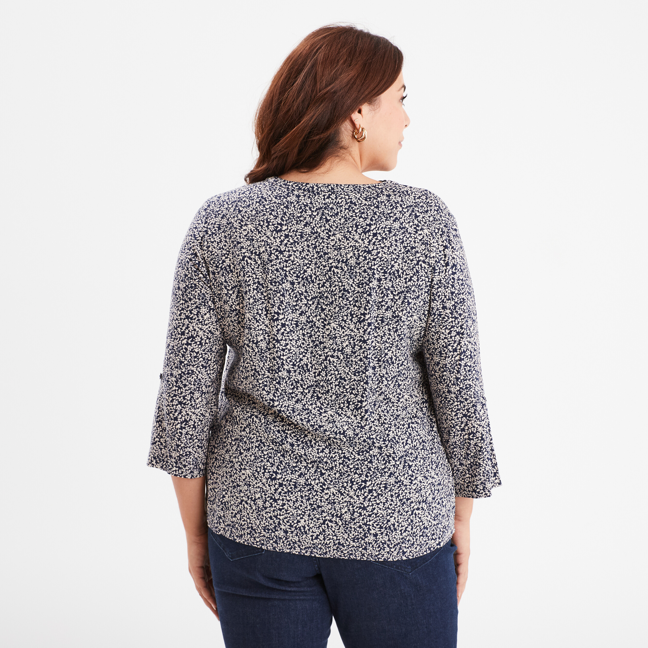 blouse manches 34 retroussables bleu marine femmegt Blouse manches 3/4 retroussables bleu marine femme grande taille