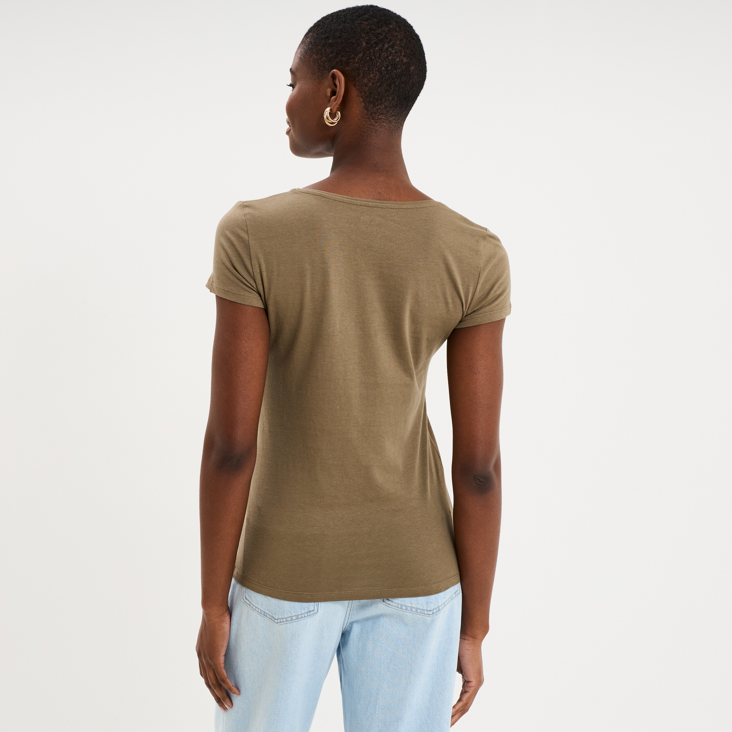 T-shirt coton col rond manches courtes vert kaki femme