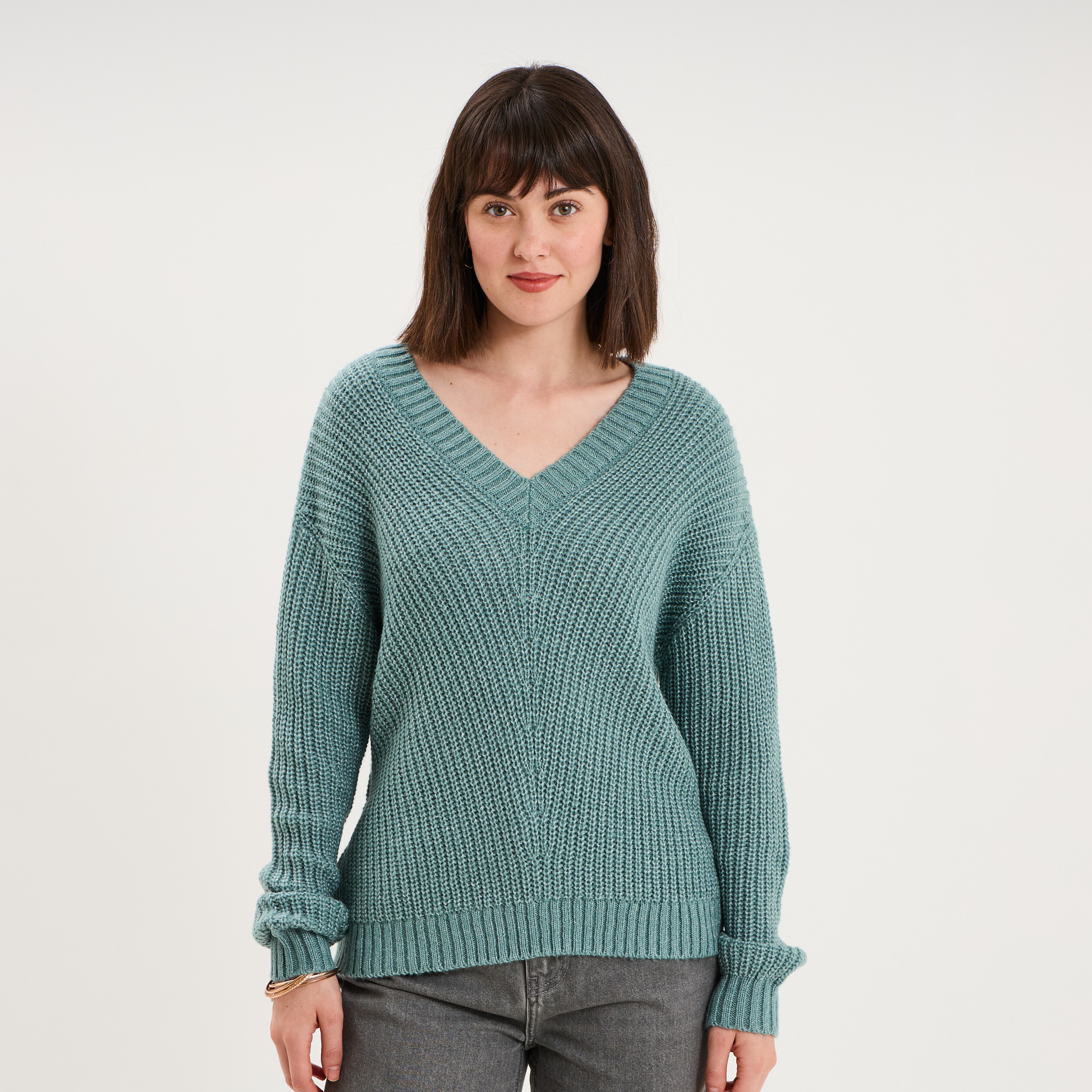Pull col en V bleu canard femme