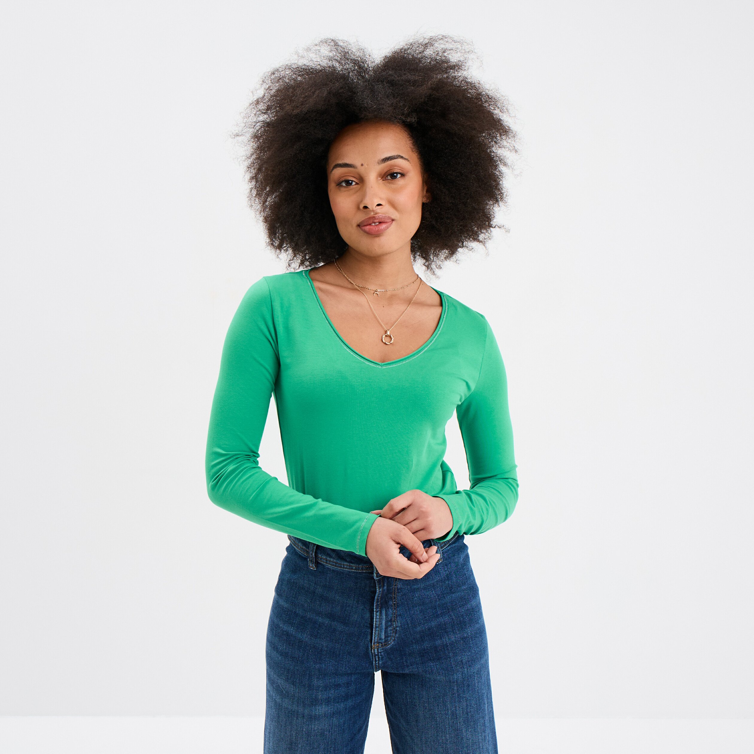 Manche Longue Tee Shirt Femme Col V Coton Tee-shirt Femme Col V