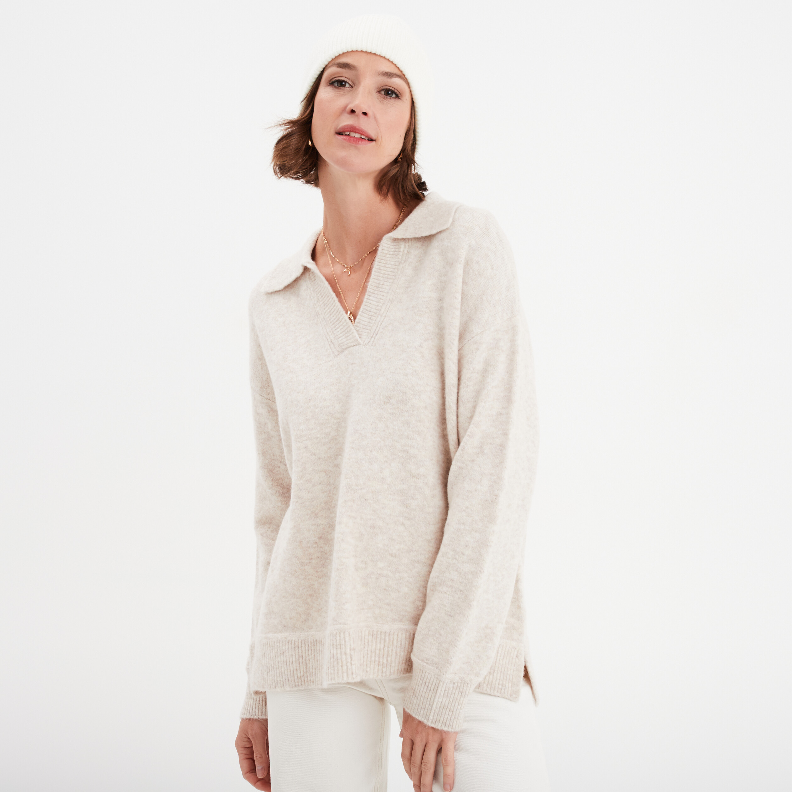 Pull col polo manches longues Creeks ecru femme La Halle