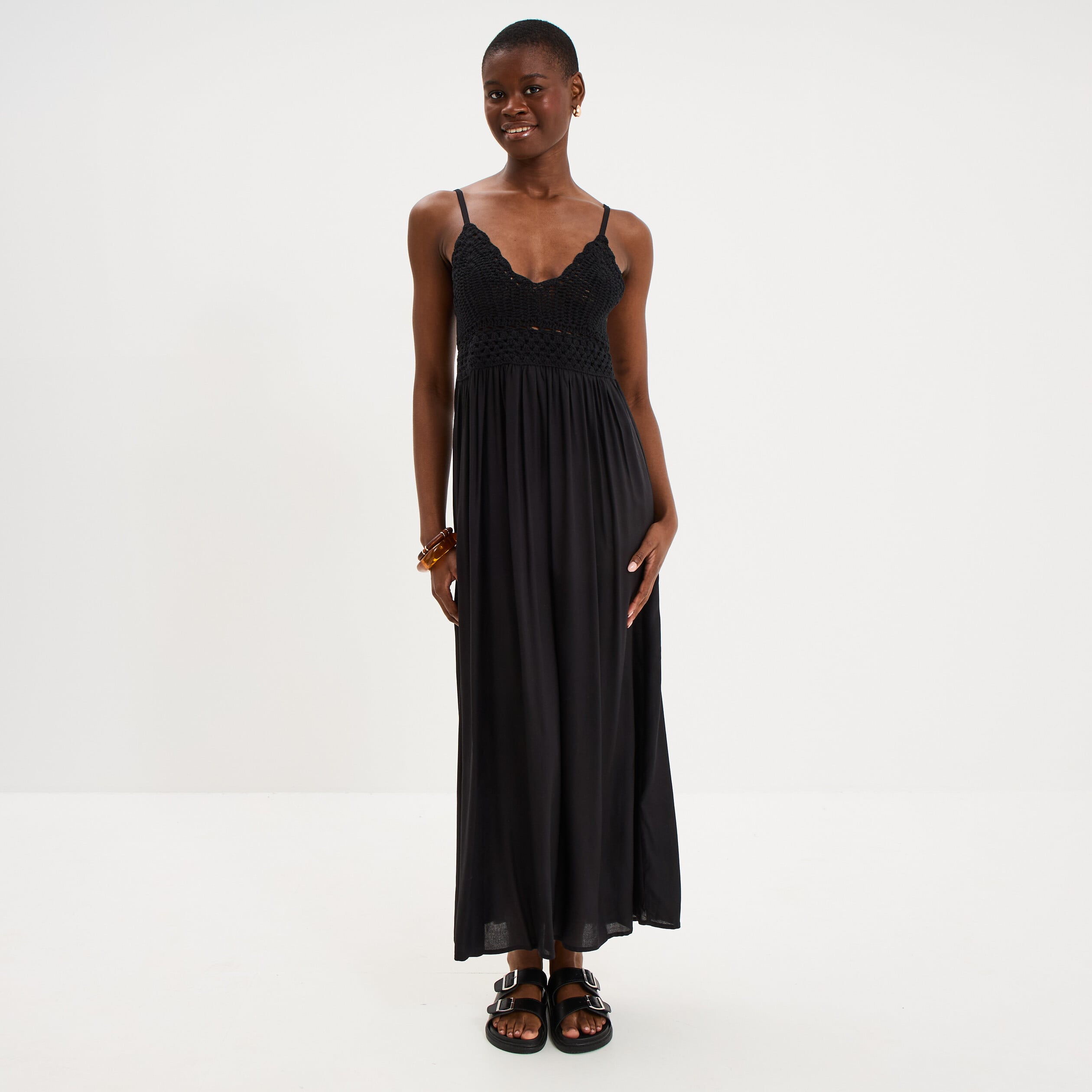 Robe longue buste effet crochet noir femme