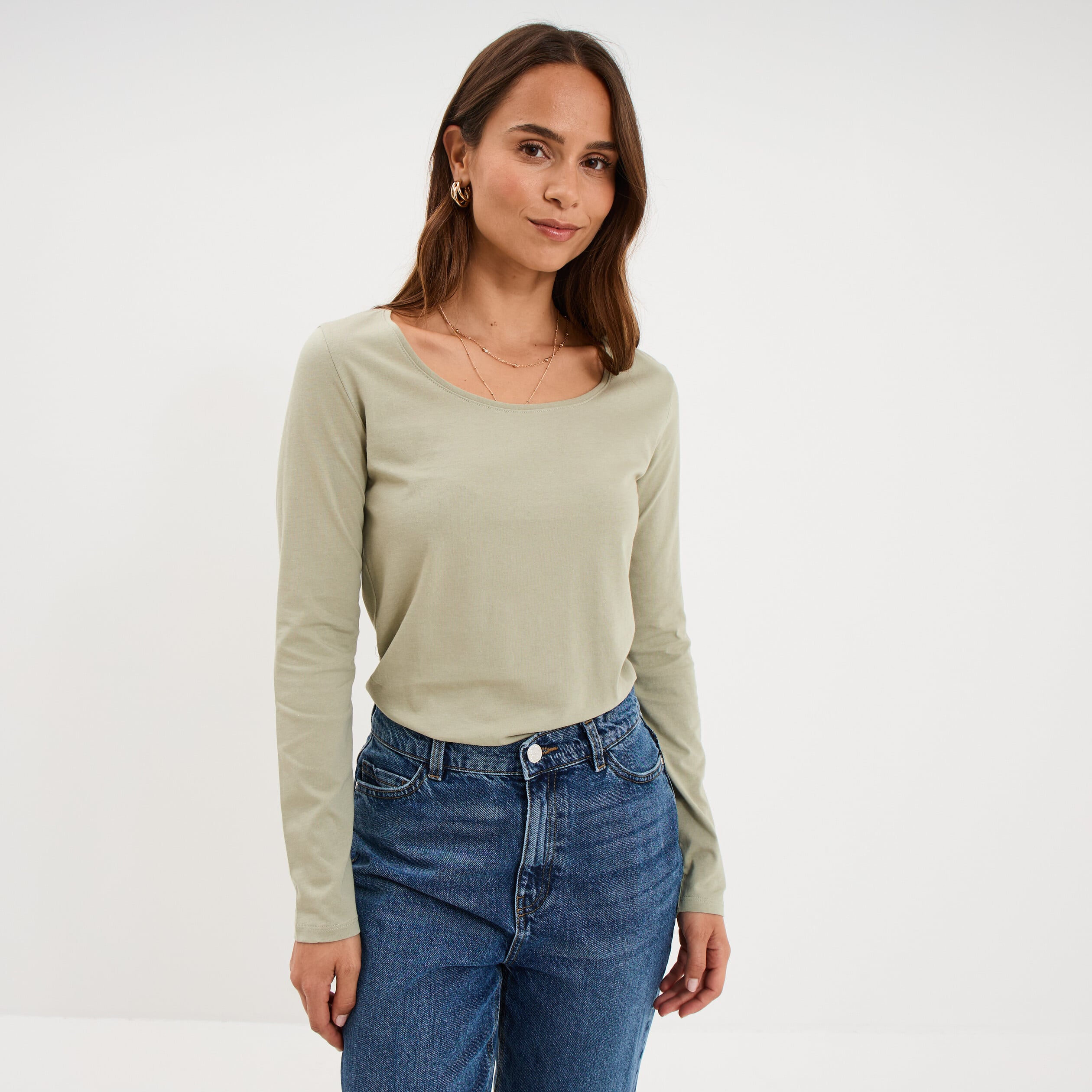 T-shirt manches longues vert kaki femme