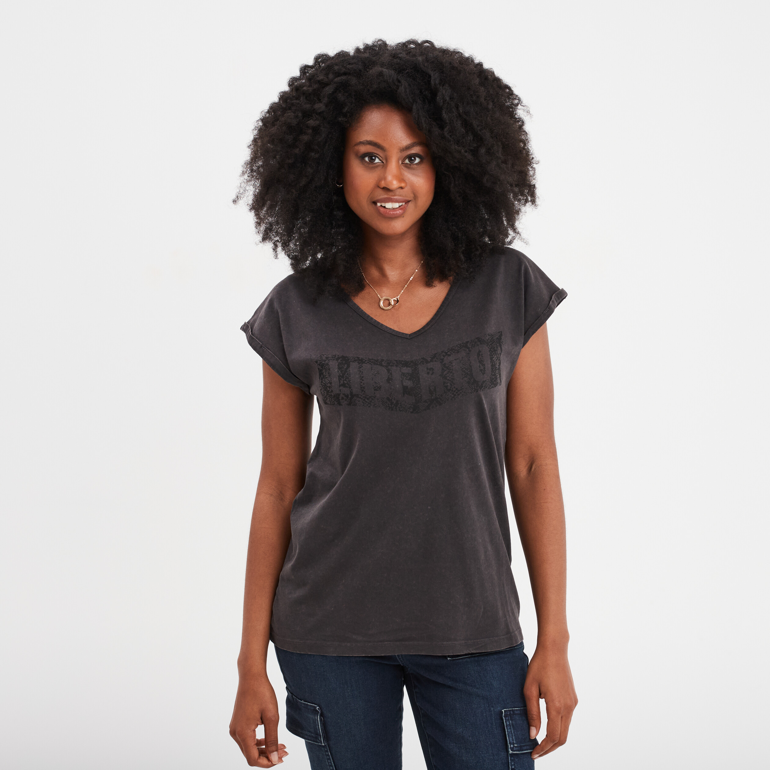 t shirt coton col en v manches courtes noir femme T-shirt coton col en V manches courtes noir femme
