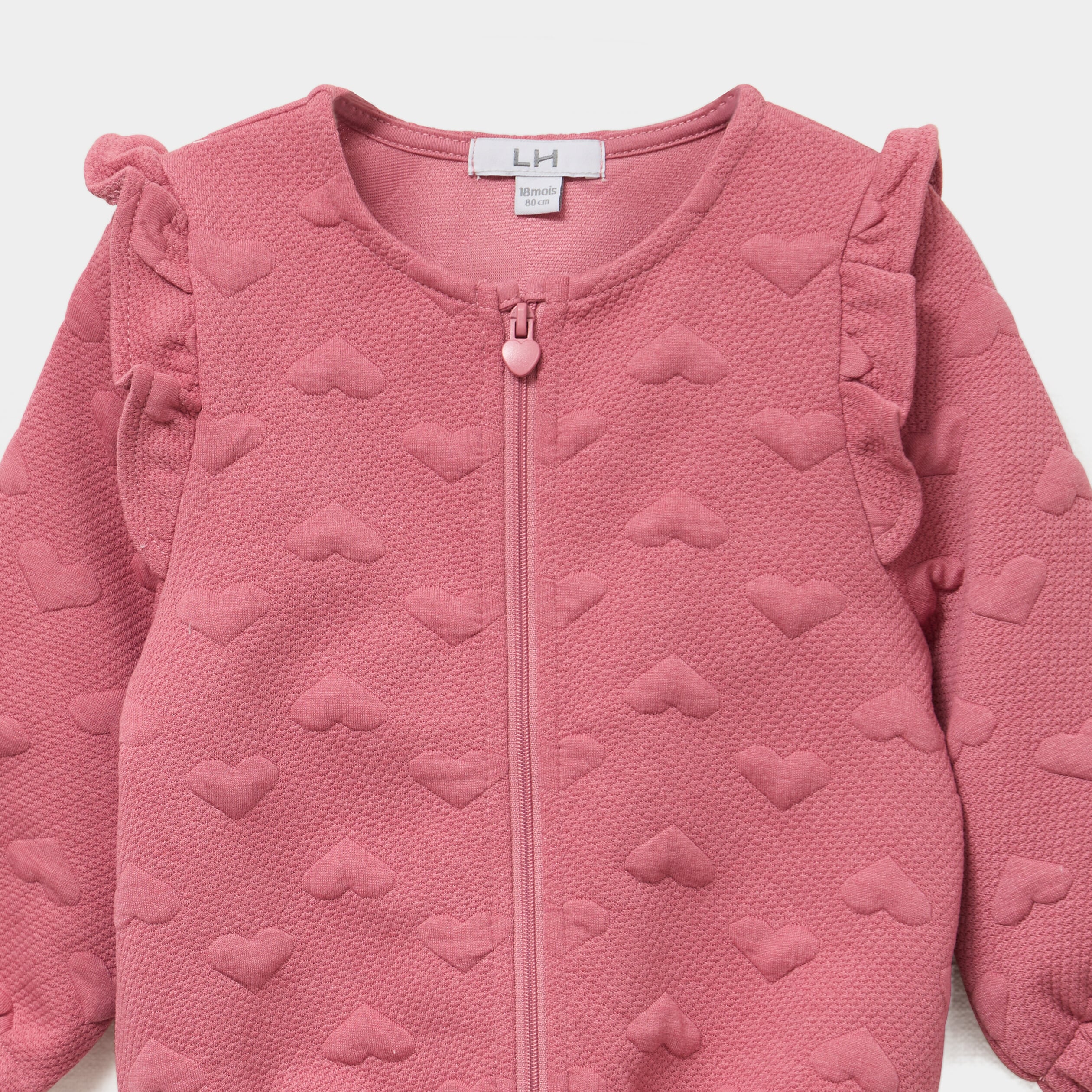 Gilet zipp&eacute; matelass&eacute; coeur &agrave; volants vieux rose b&eacute;b&eacute; fille
