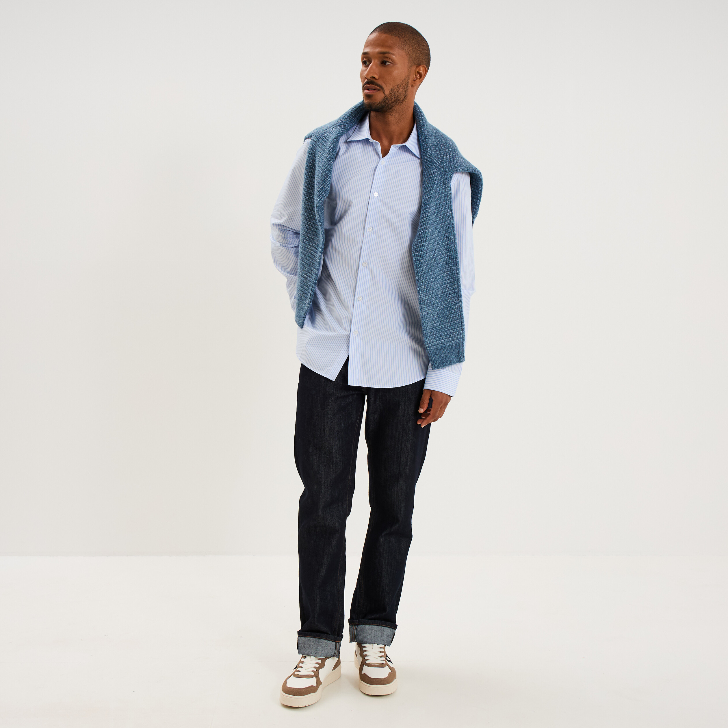 Chemise col italien manches longues bleu ciel homme