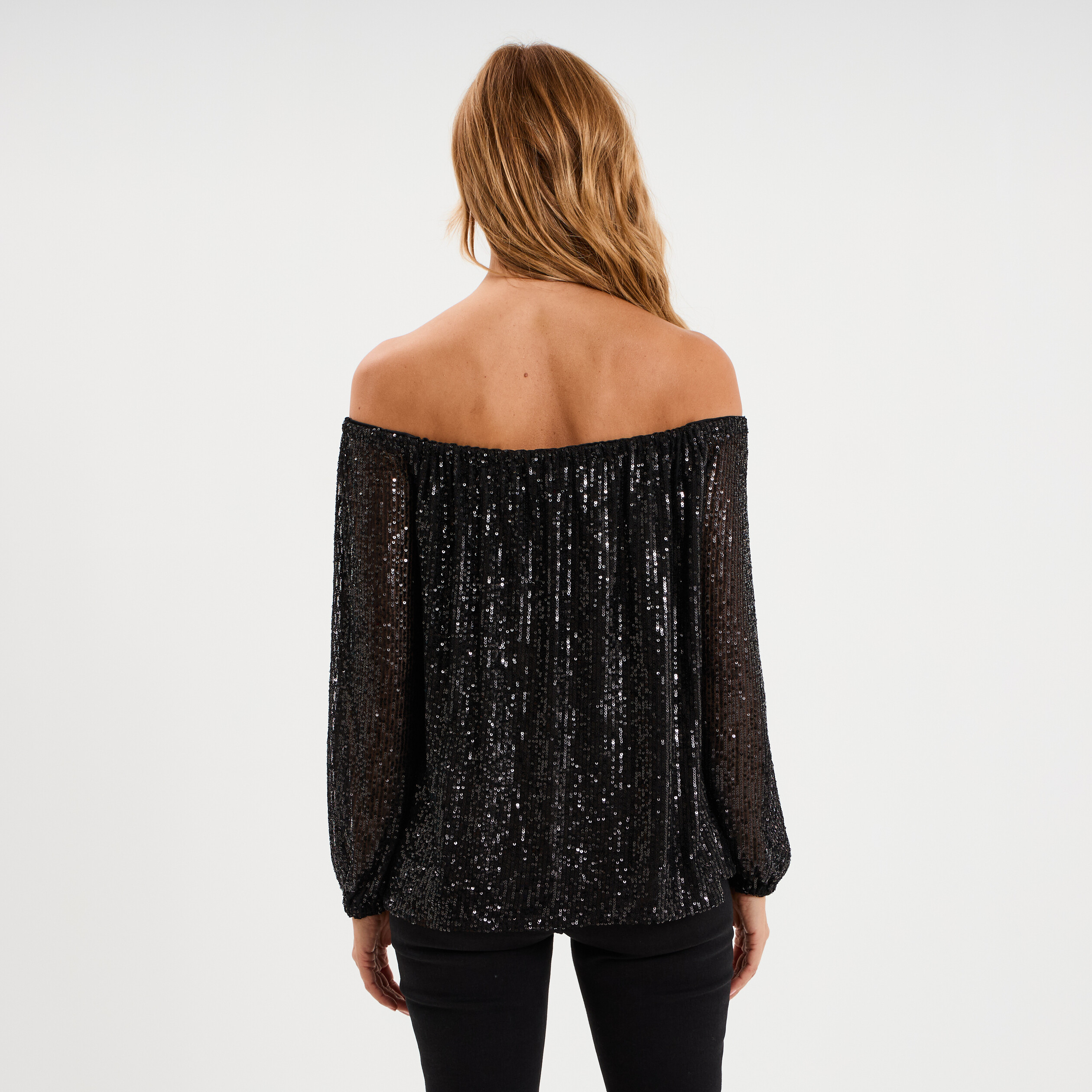 T-shirt sequins et col bardot noir femme