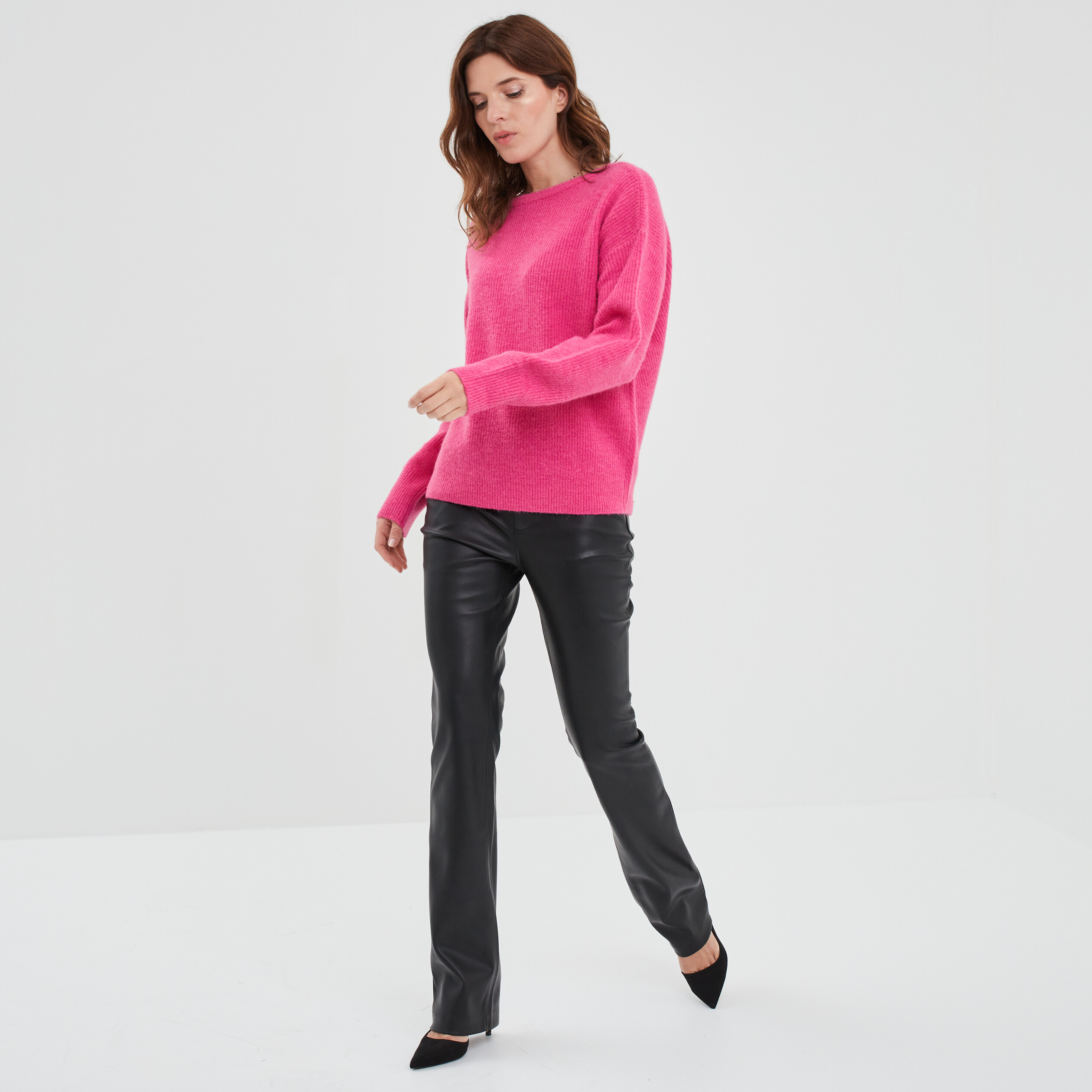 Pull réversible dos col en V rose fushia femme