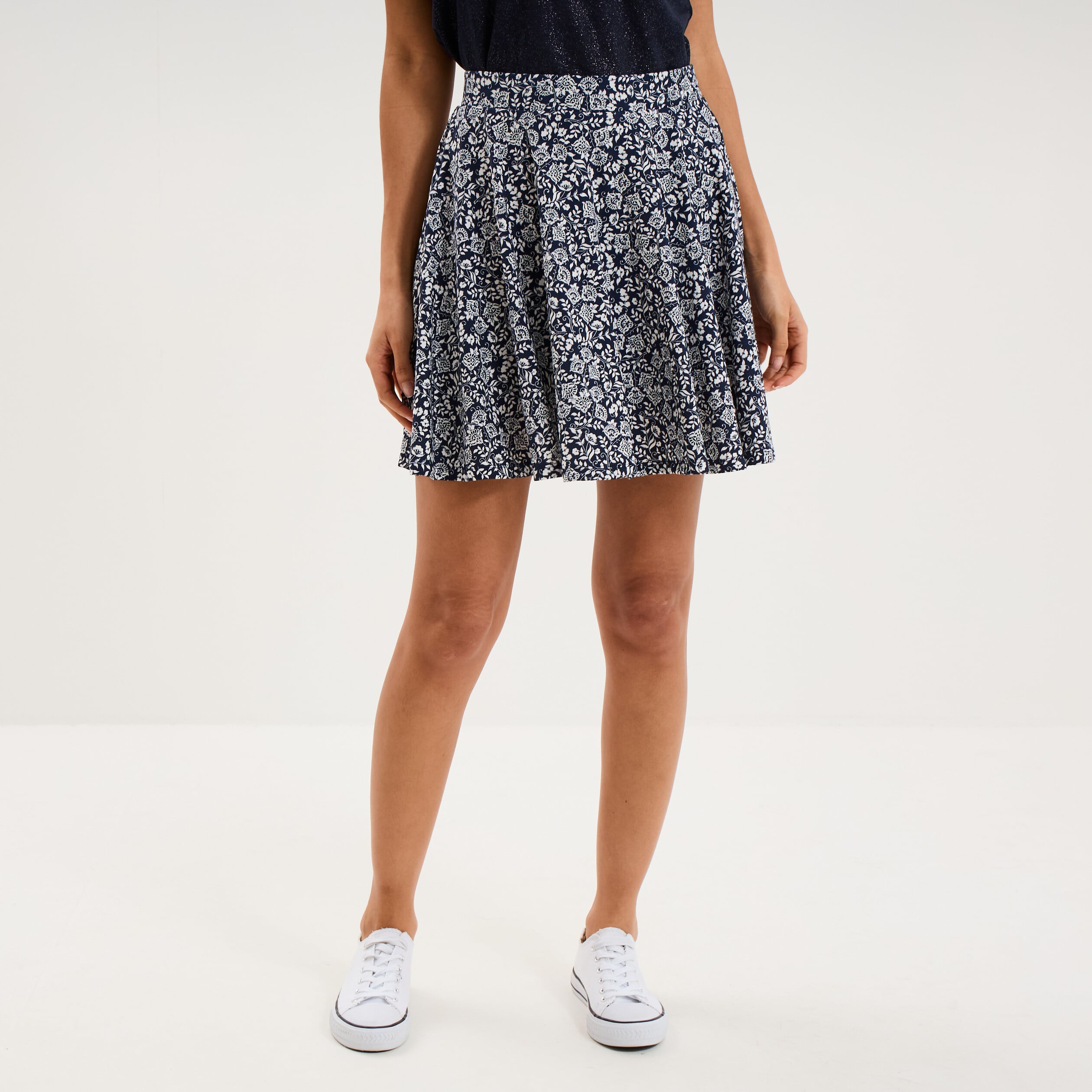 Jupe fluide patineuse avec short int&eacute;gr&eacute; bleu marine femme