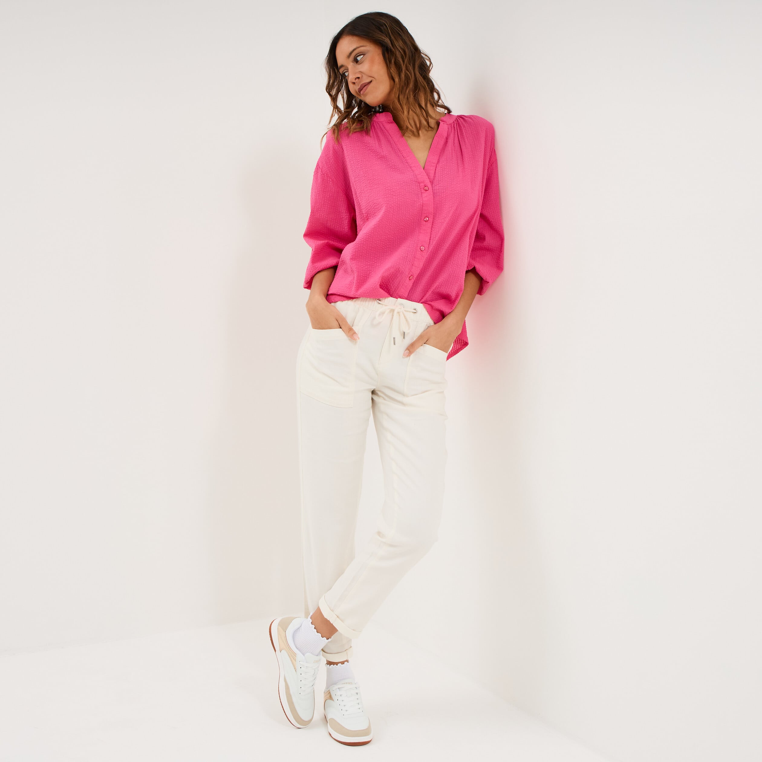 Blouse col tunisien manches 3/4 coton rose fushia femme