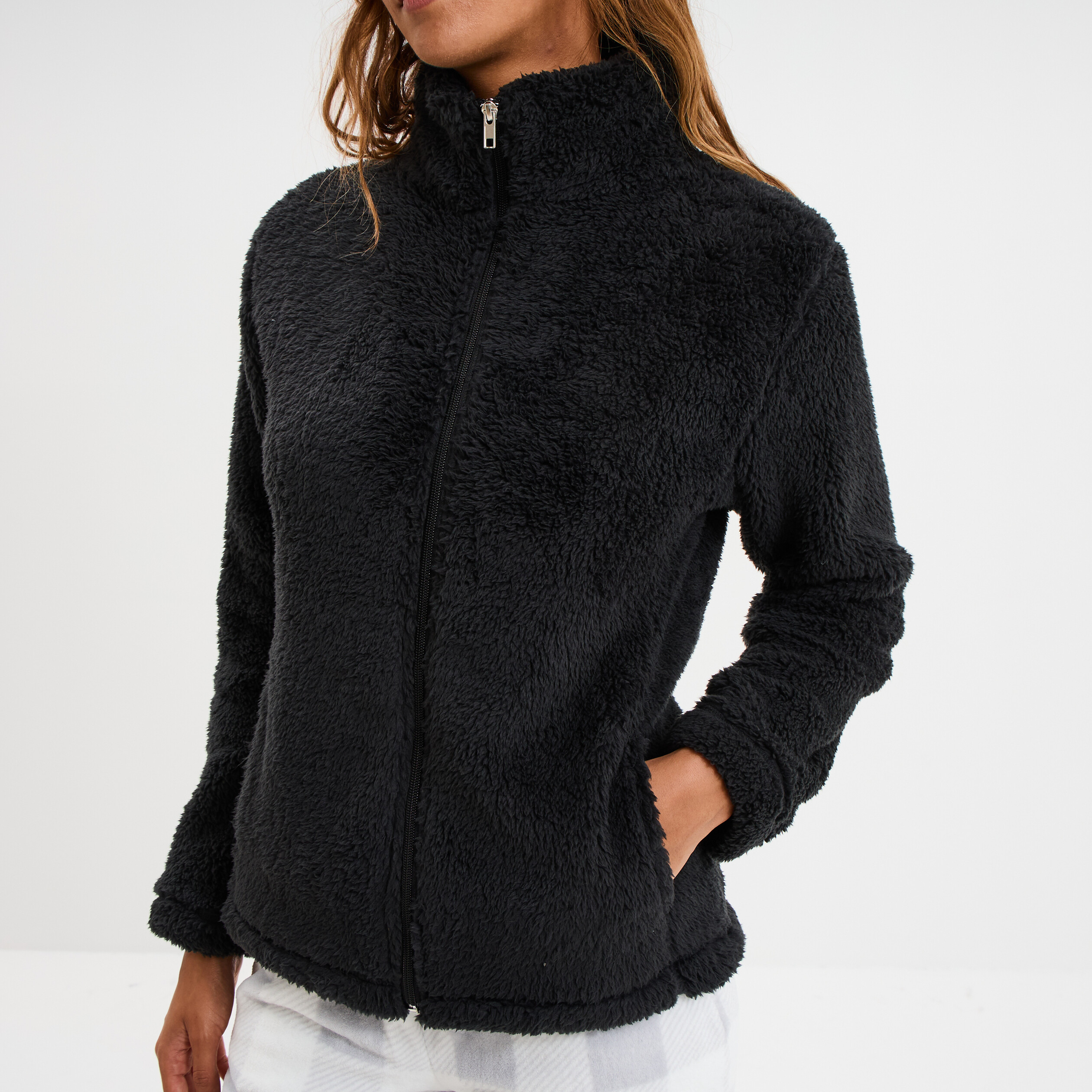 Veste effet polaire col montant noir femme