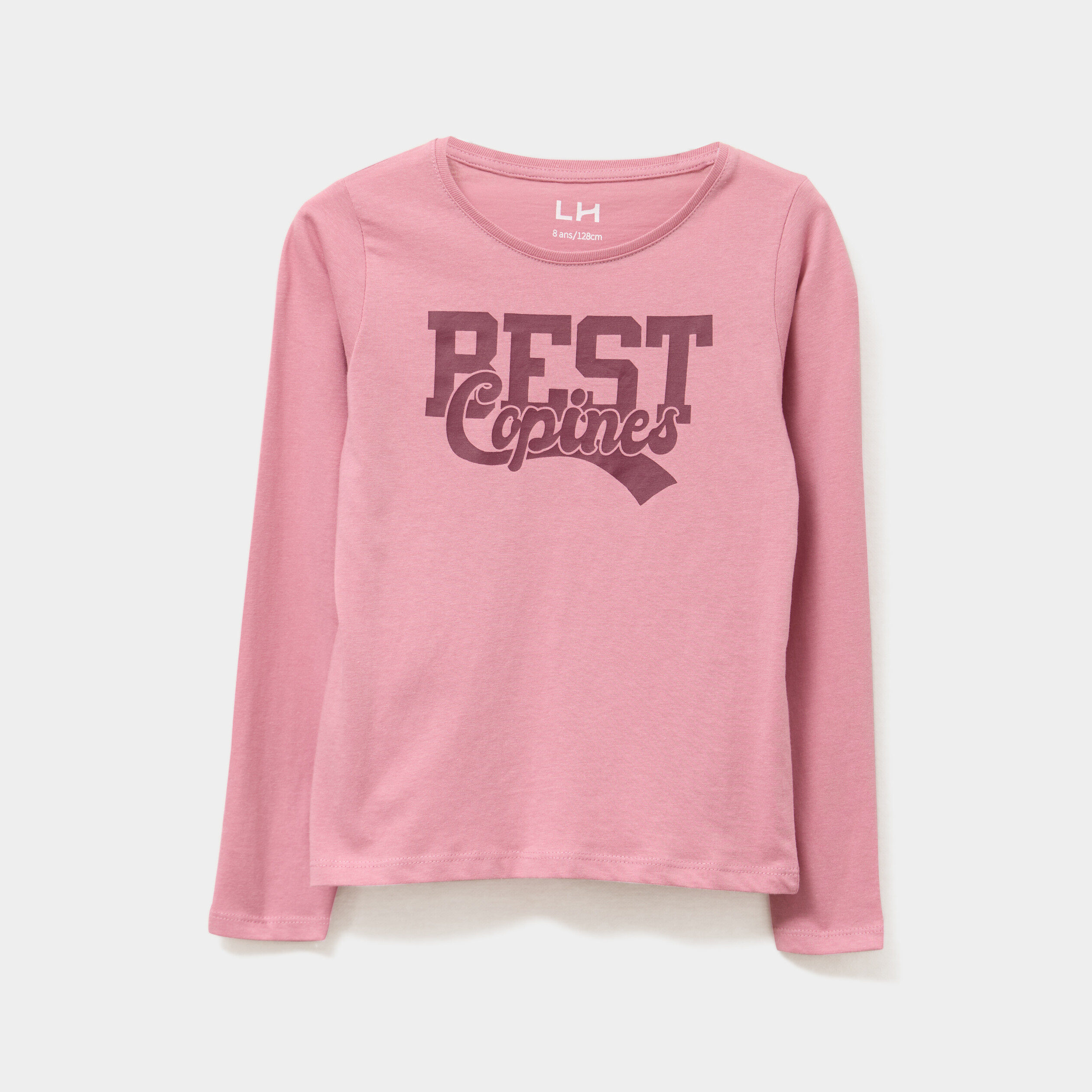 t shirt col rond manches longues coton vieux rose fille T-shirt col rond manches longues coton vieux rose fille