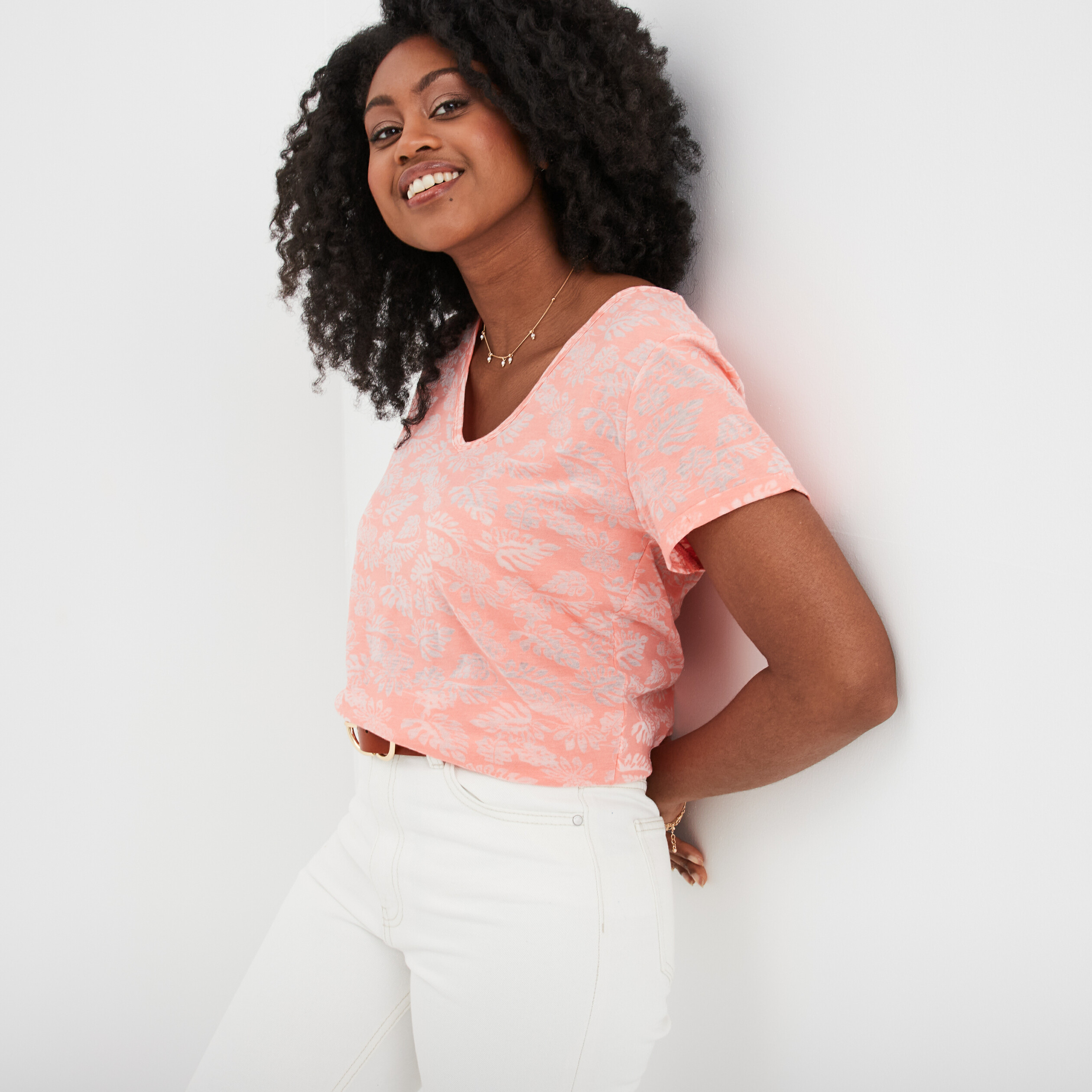 t shirt col en v manches courtes creeks rose corail femme T-shirt col en V manches courtes Creeks rose corail femme