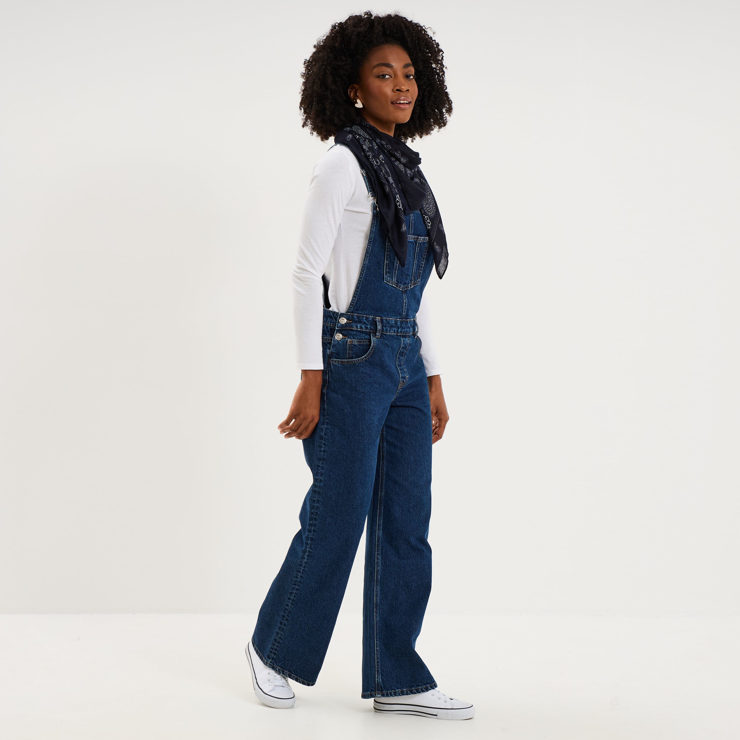 Salopette en jean jambe large coton bleu fonc&eacute; femme