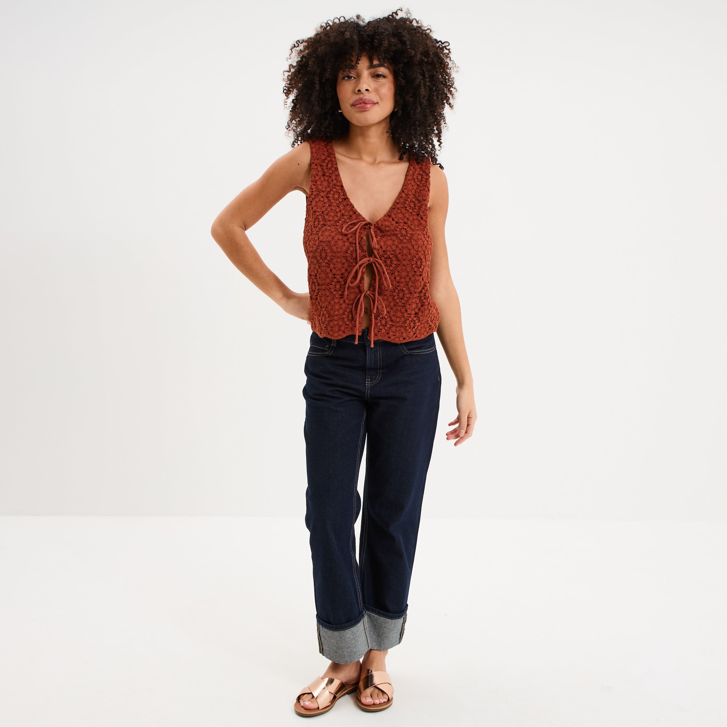 D&eacute;bardeur nou&eacute; effet dentelle macram&eacute; camel femme