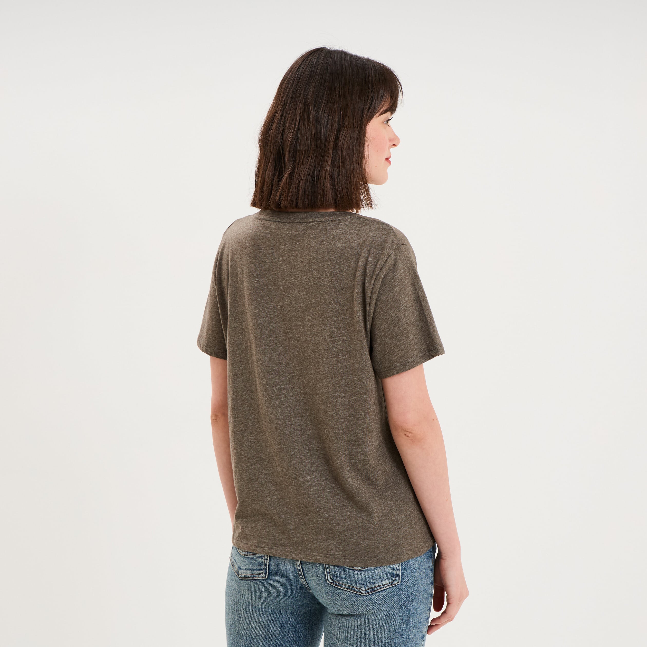 T-shirt col en V manches courtes vert kaki femme