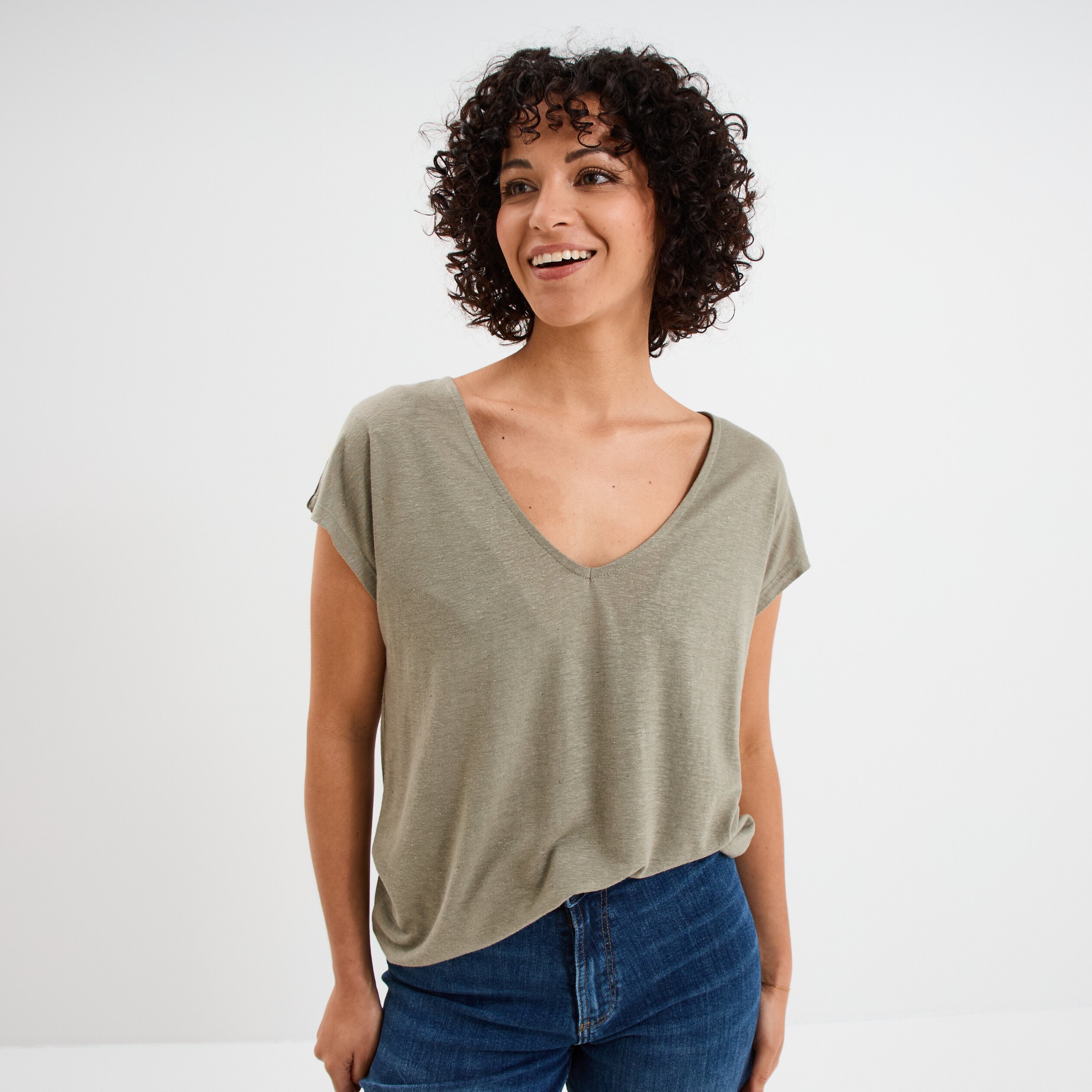 t shirt manches courtes lin melange vert kaki femme T-shirt manches courtes lin mélangé vert kaki femme