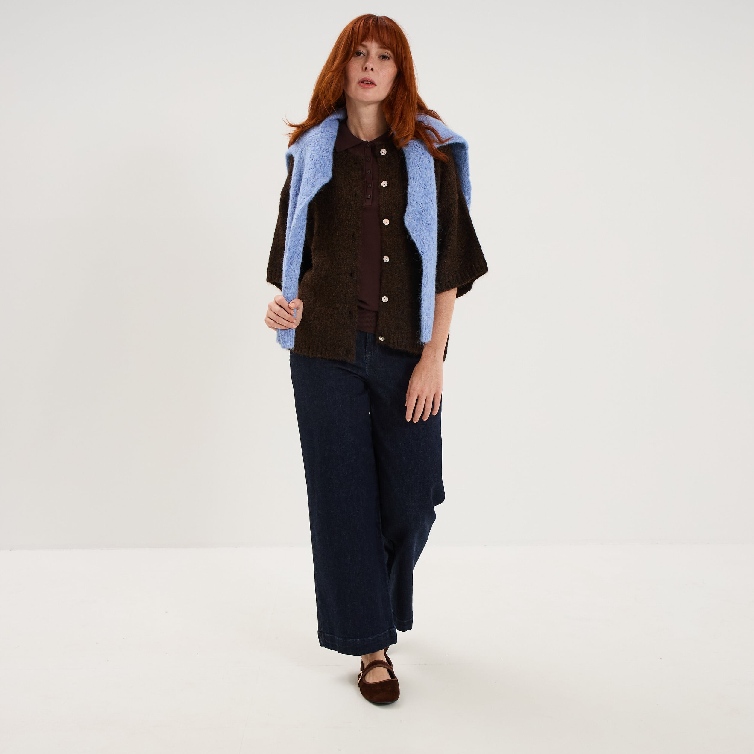 Jean large cropped &agrave; pont taille haute denim brut femme