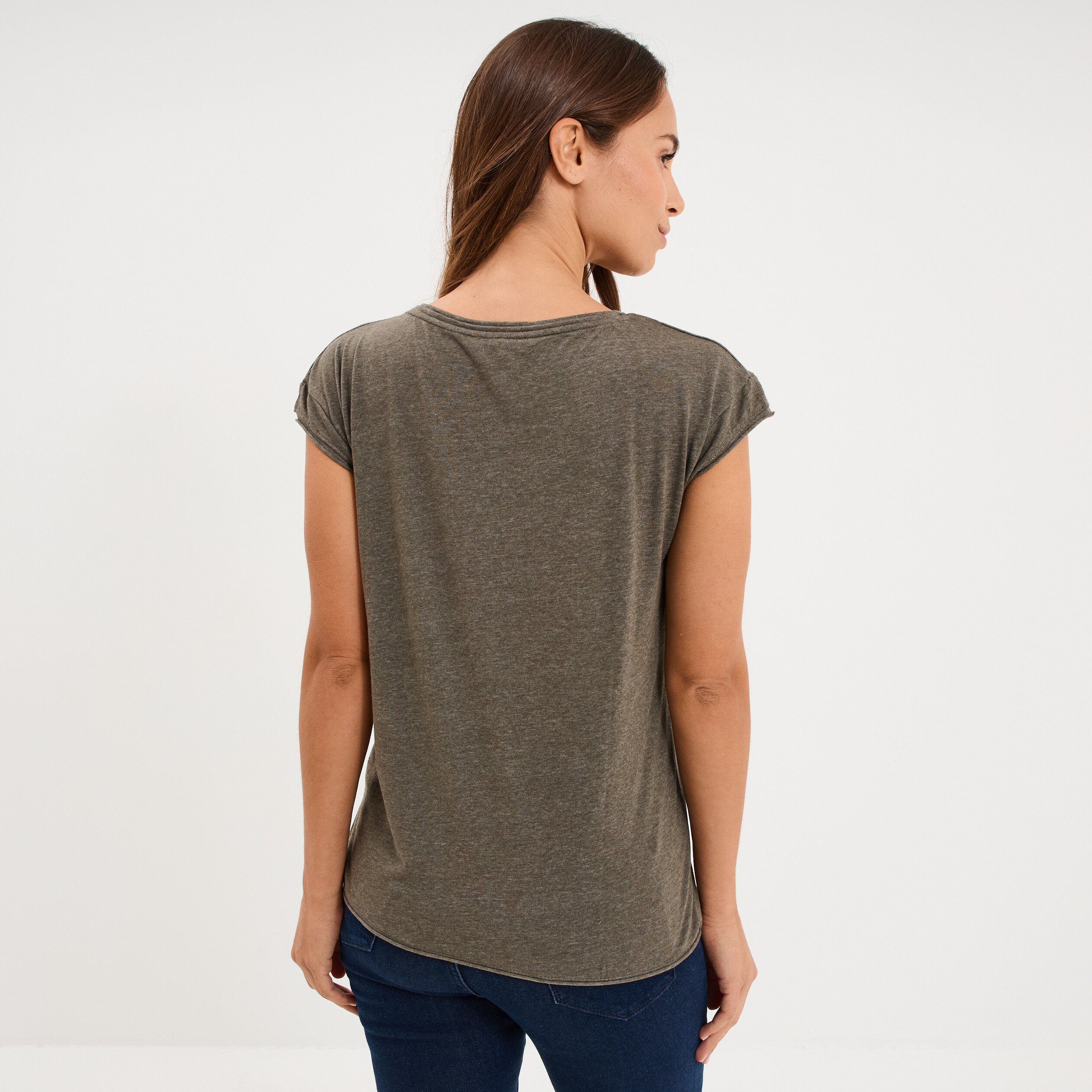 T-shirt col v poche poitrine vert kaki femme