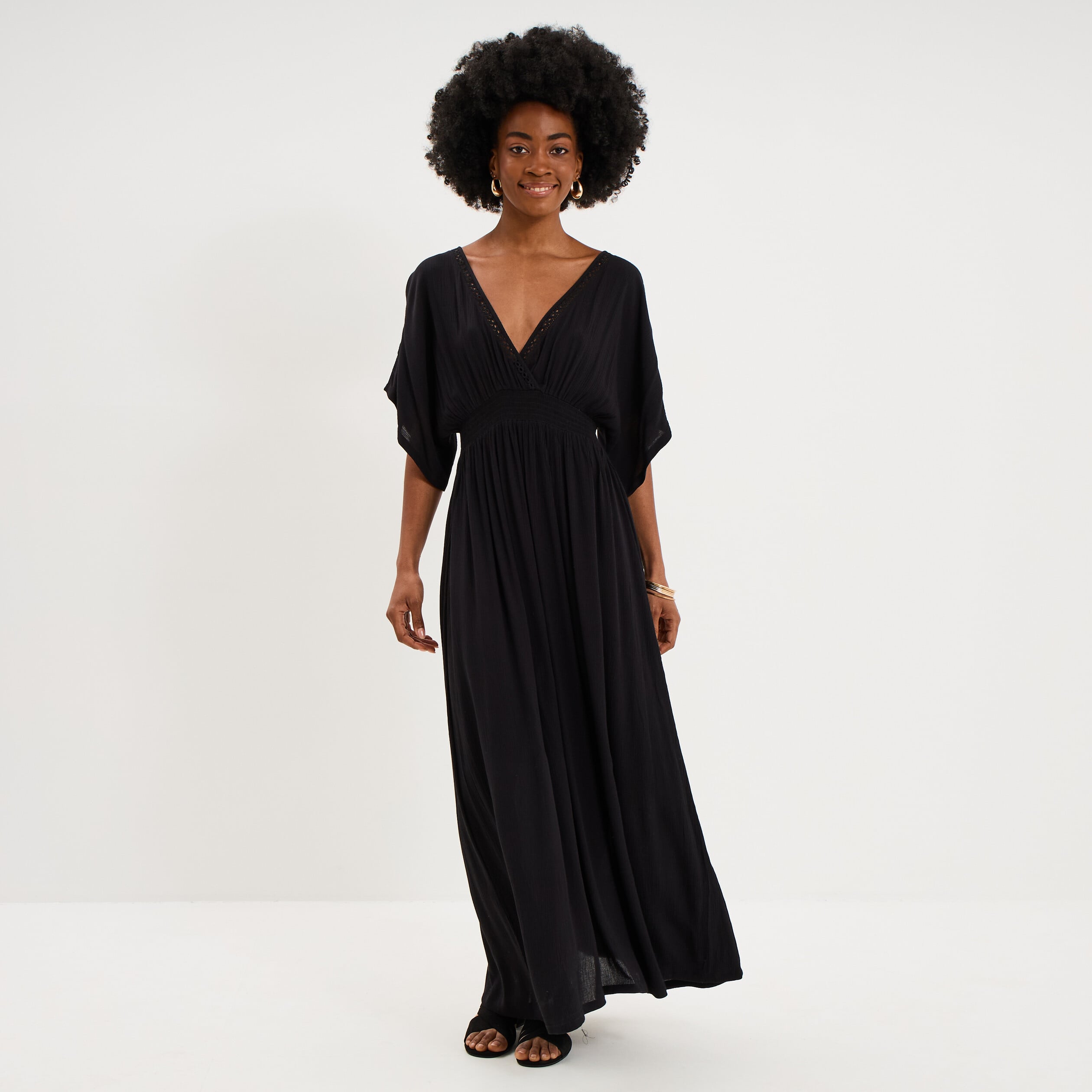 Robe fluide longue col et dos en V noir femme
