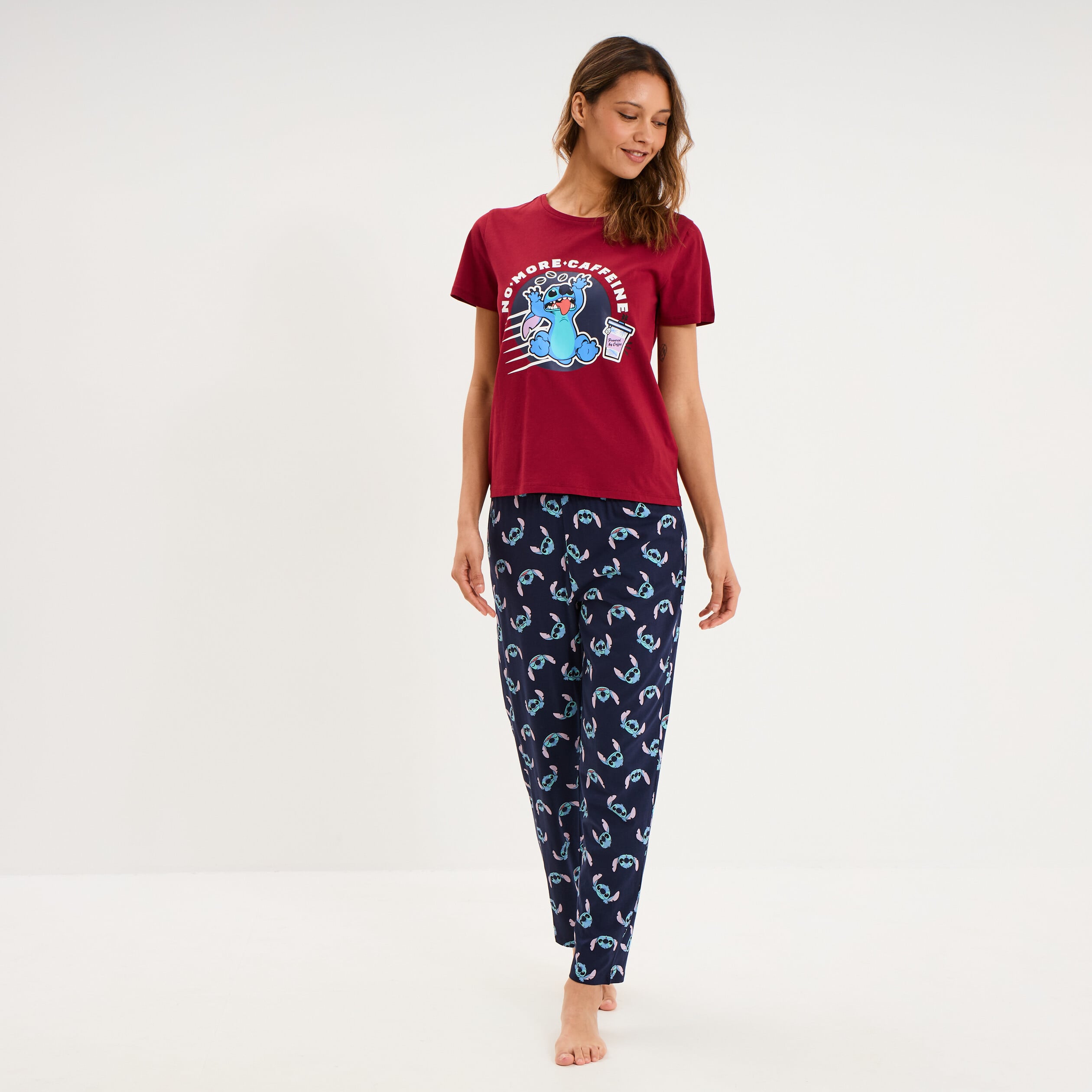 Ensemble pyjama pantalon t-shirt Stitch bordeaux femme