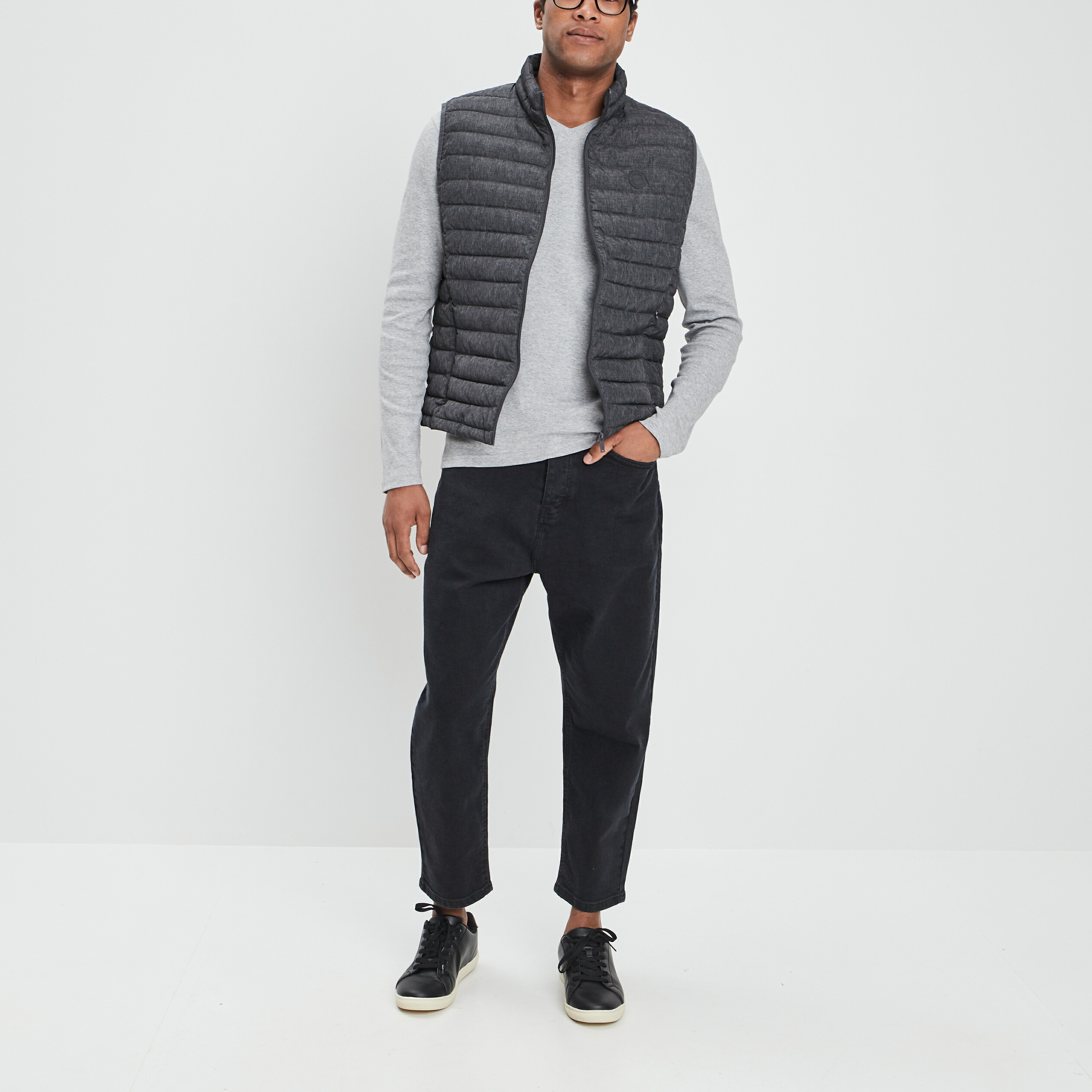 T-shirt manches longues col V gris clair homme