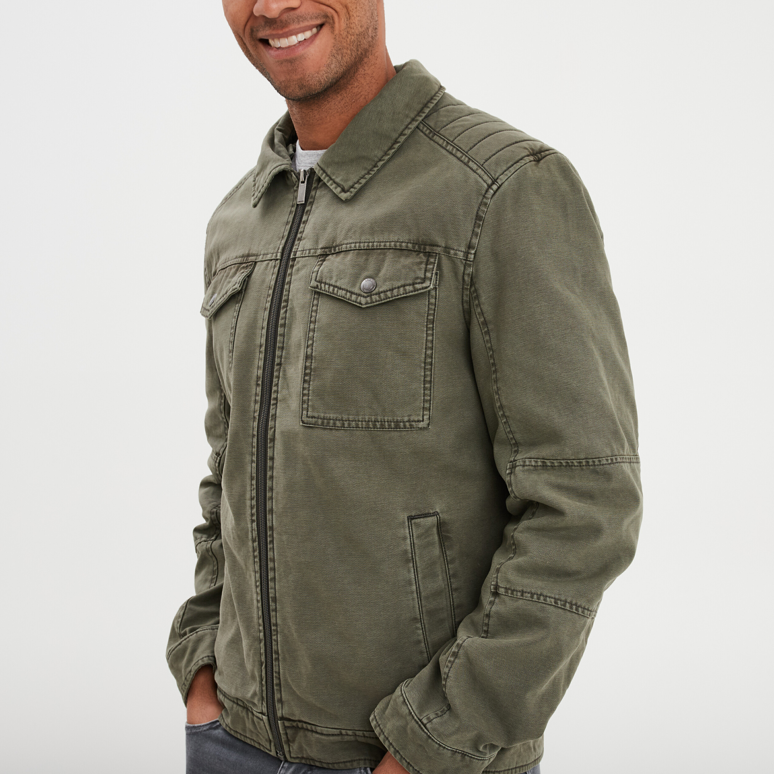 Veste doubl&eacute;e capuche amovible en coton vert kaki homme