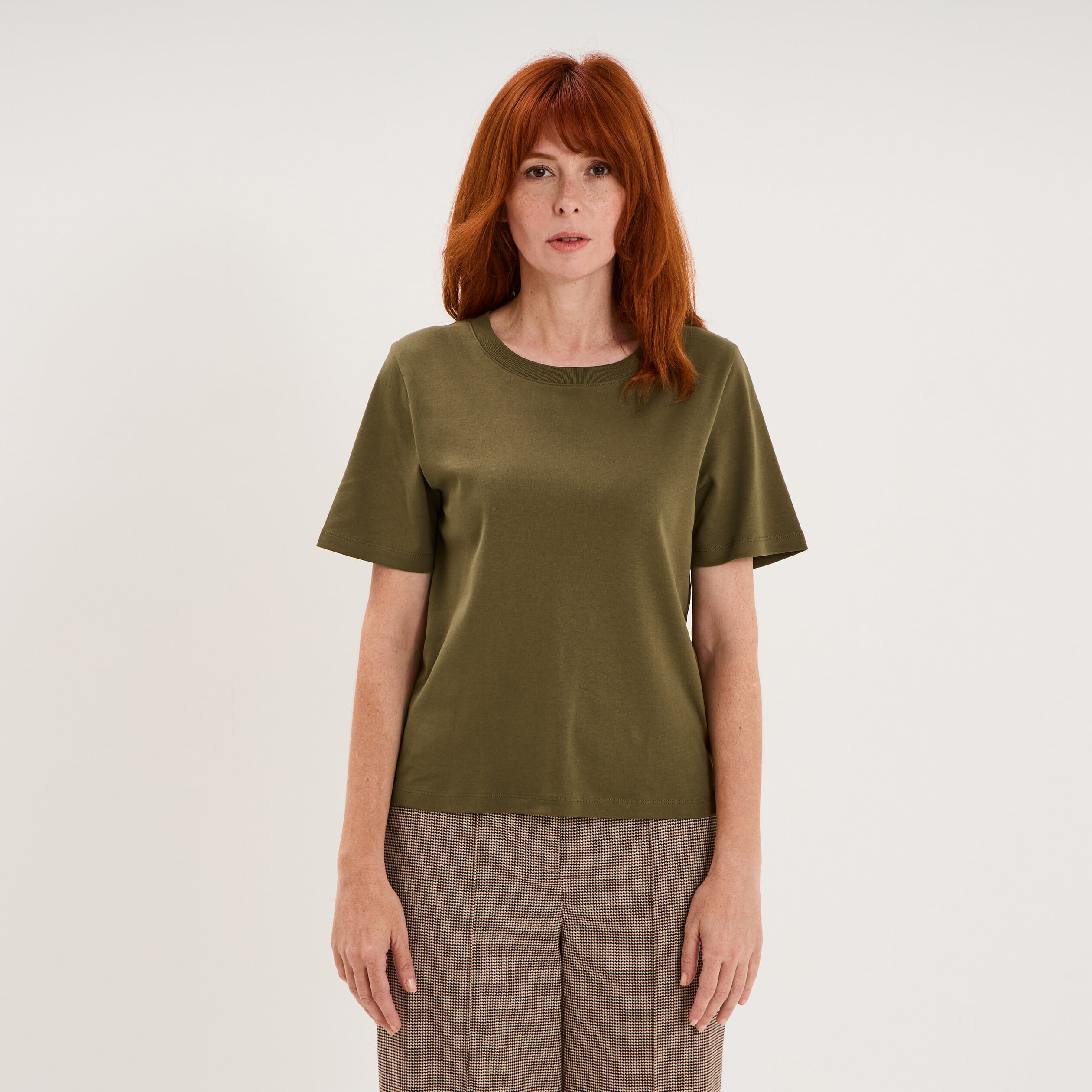 T-shirt manches courtes col rond coton vert kaki femme