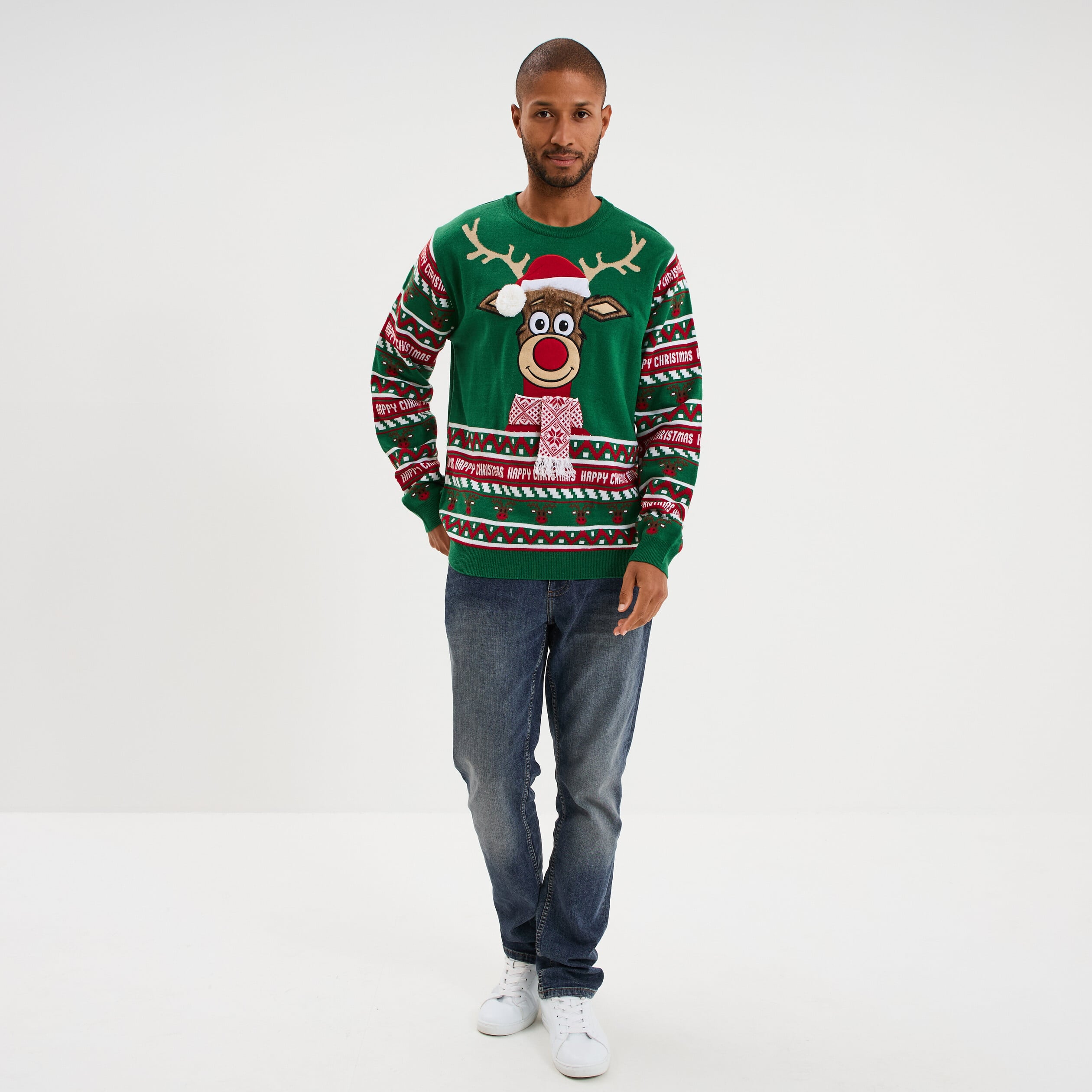 Pull de No&euml;l avec pompon vert homme