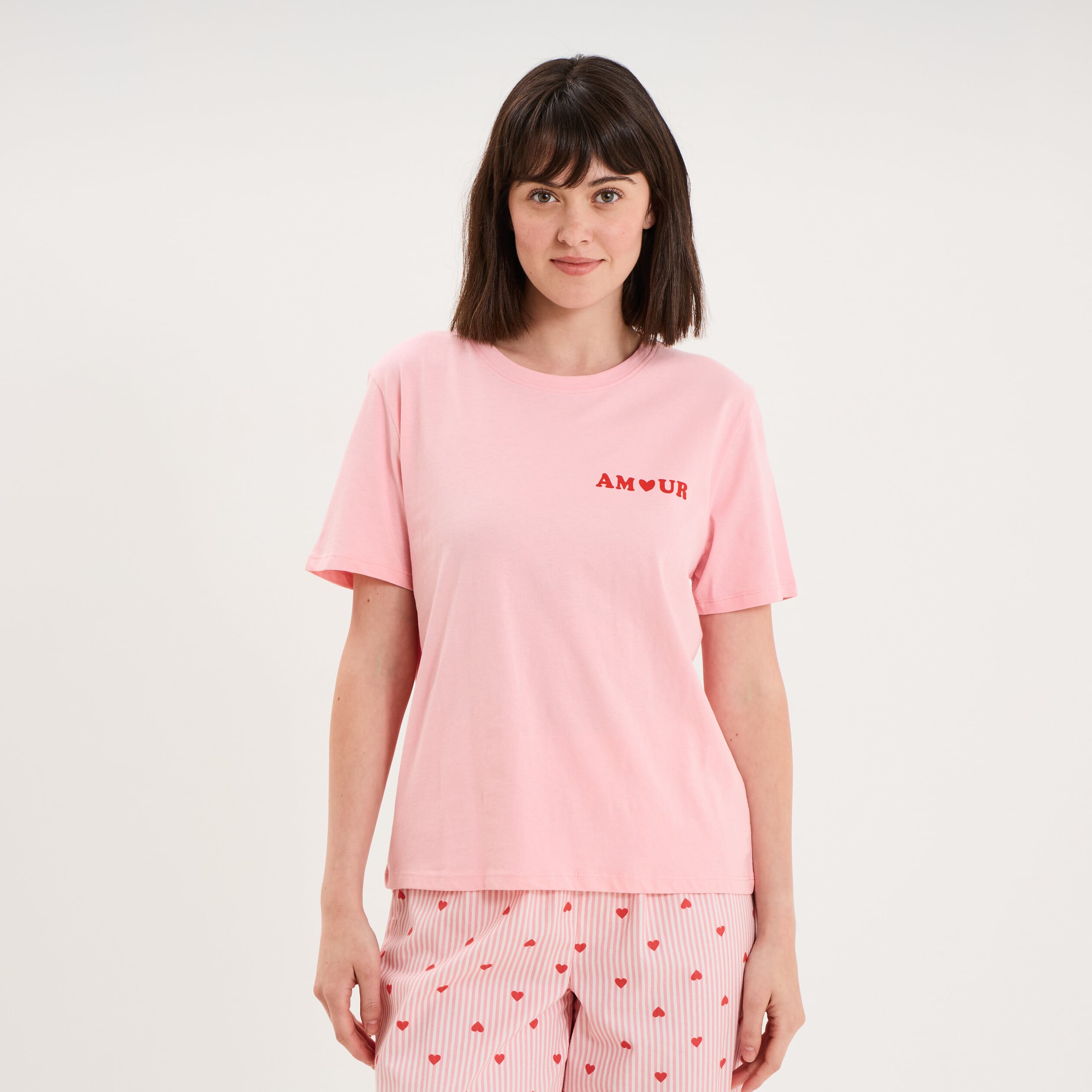 T-shirt col rond manches courtes coton rose femme