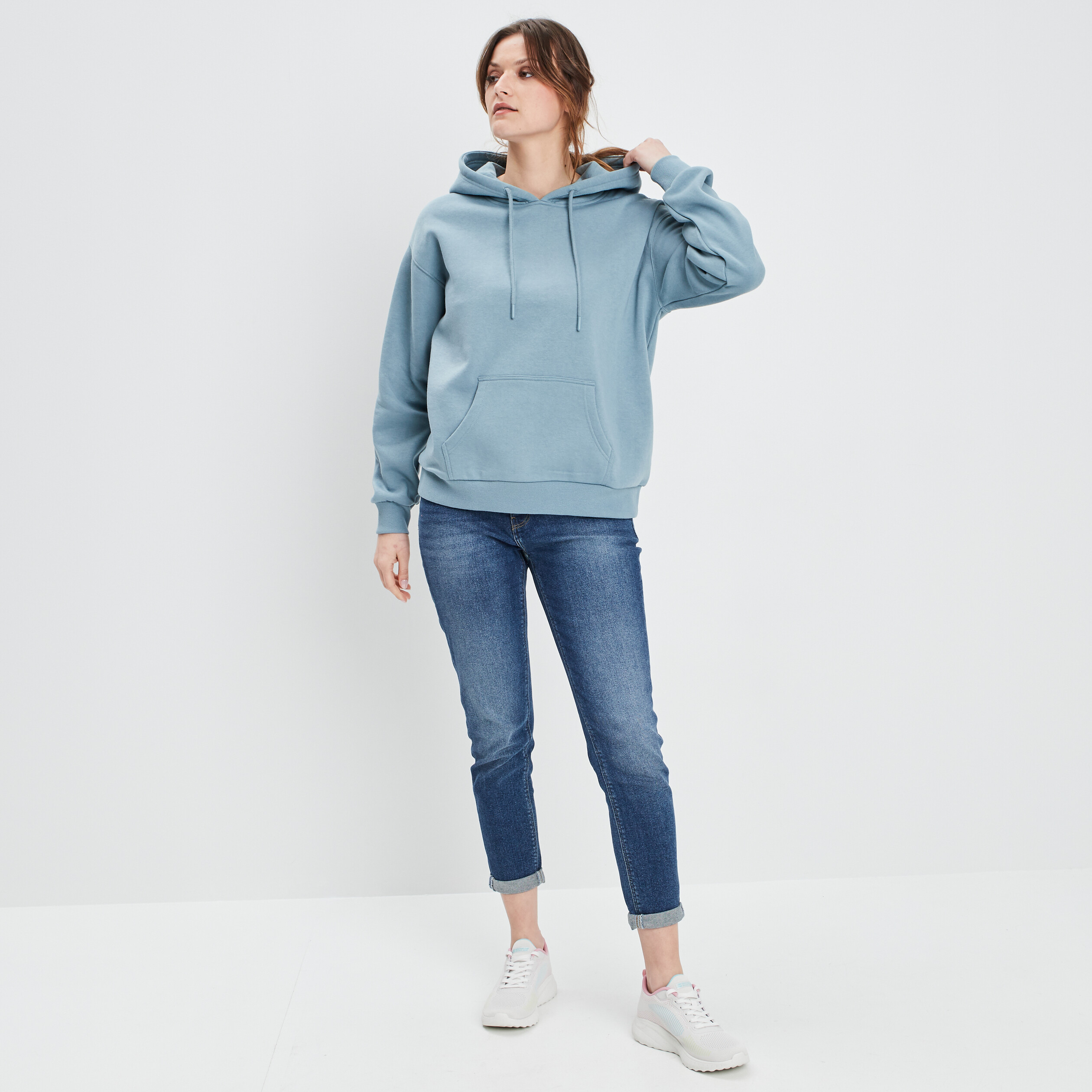 Sweat hoodie molleton &agrave; capuche bleu clair femme