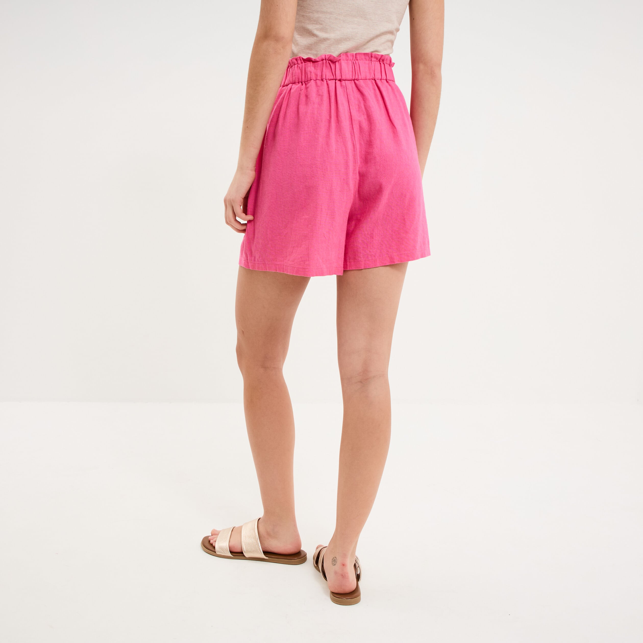 Short paperbag lin m&eacute;lang&eacute; rose fushia femme