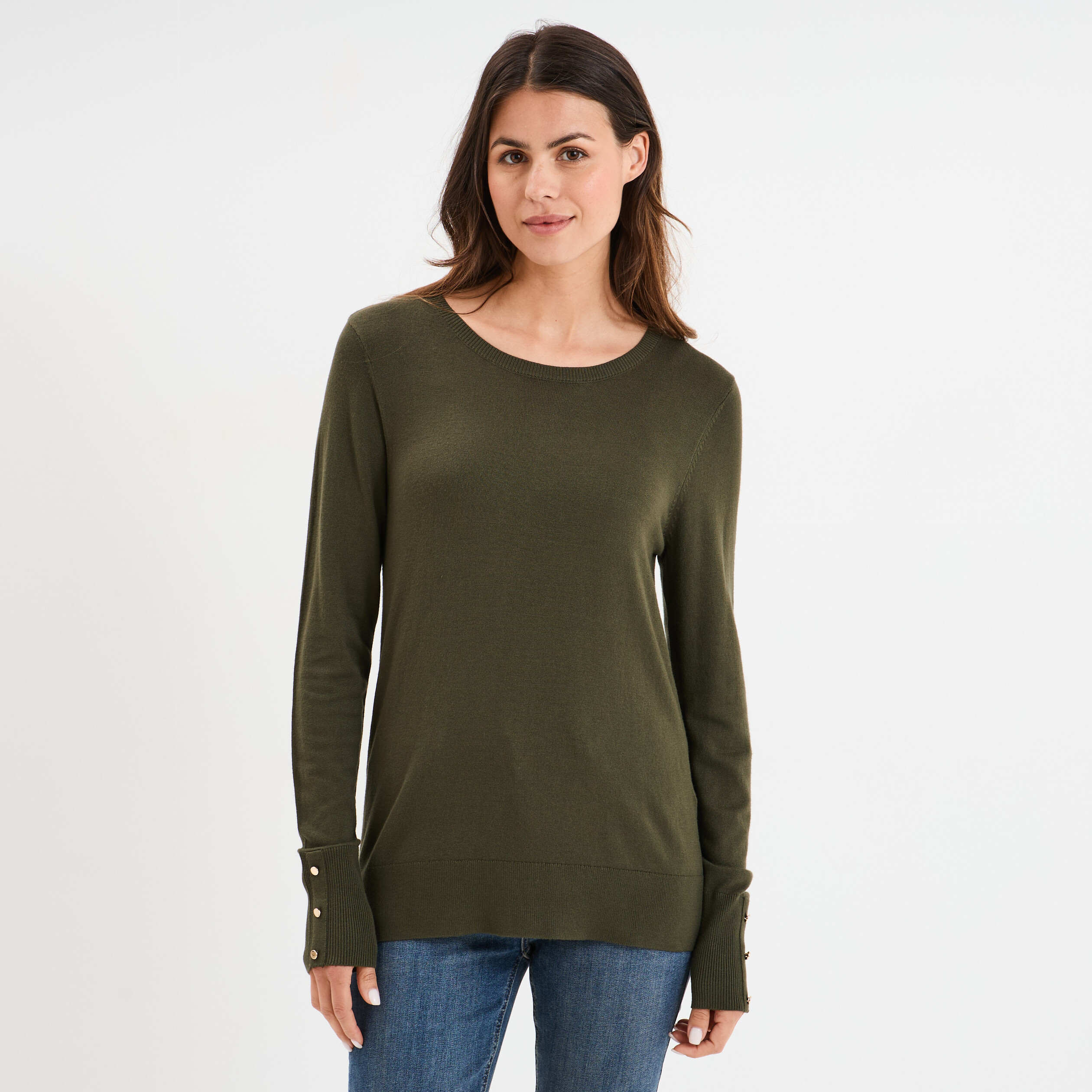 pull col rond boutons aux poignets vert kaki femme Pull col rond boutons aux poignets vert kaki femme