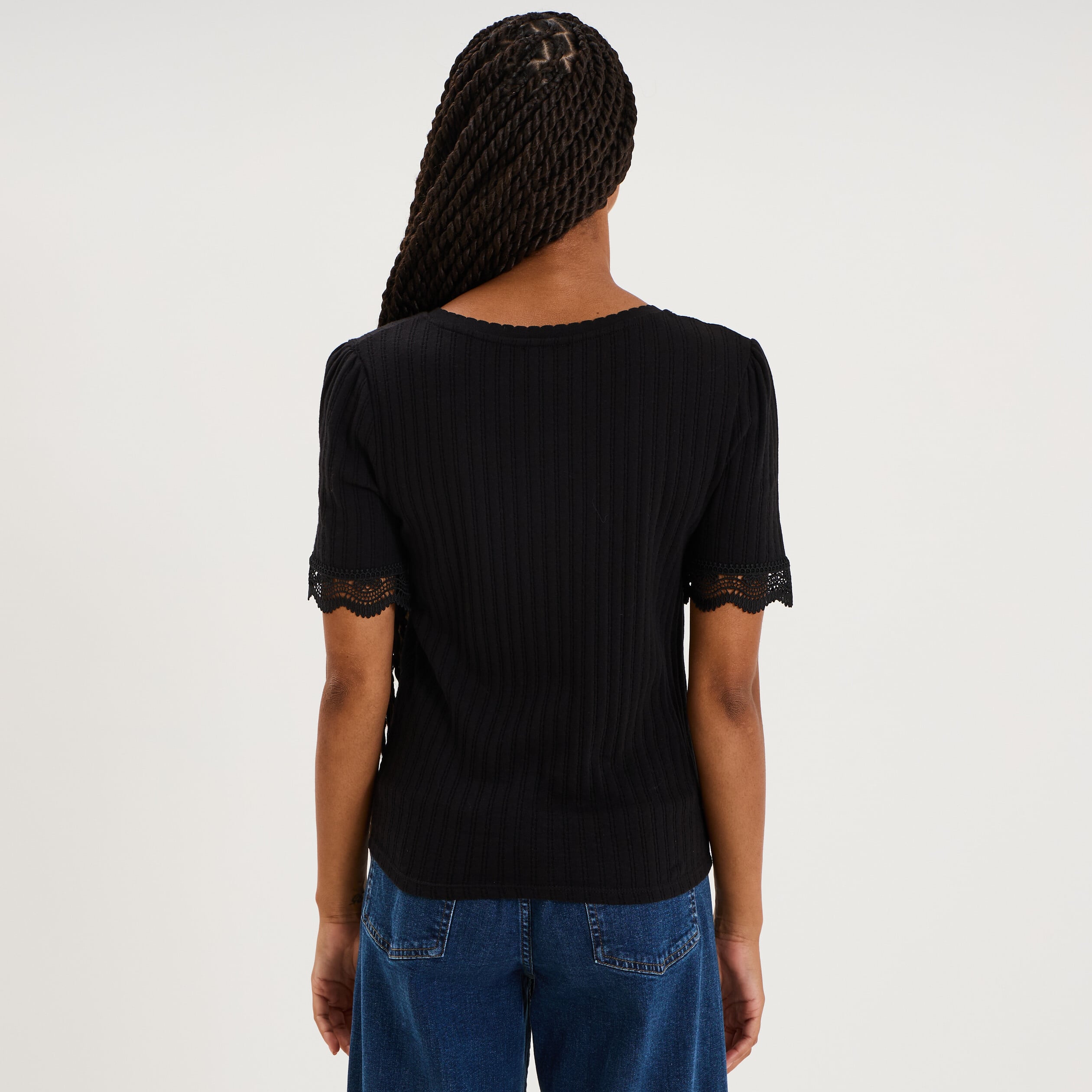 Blouse manches courtes col V dentelle noir femme