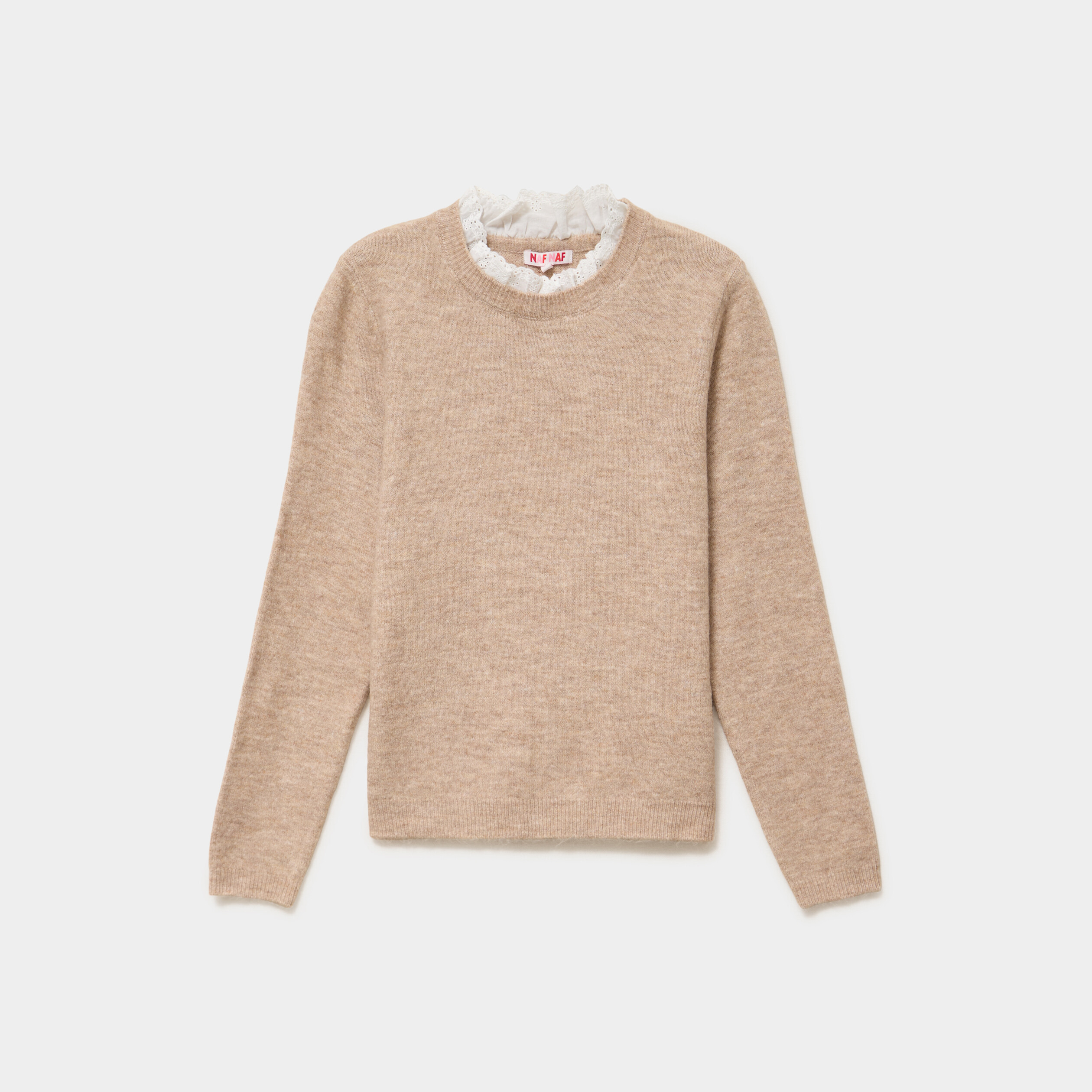 Pull 2 en 1 col rond broderie anglaise beige femme