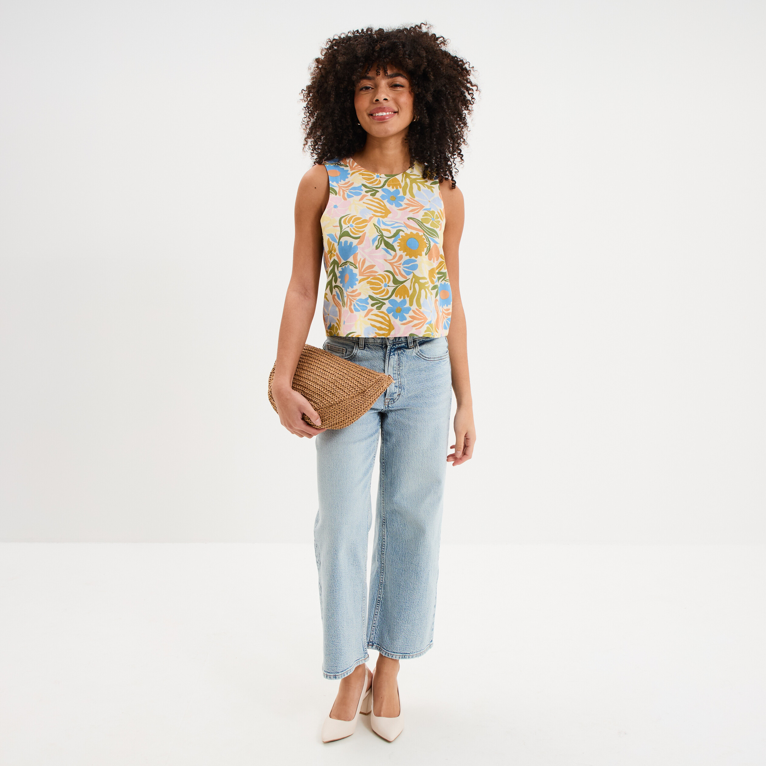 Blouse courte droite sans manches blanc femme