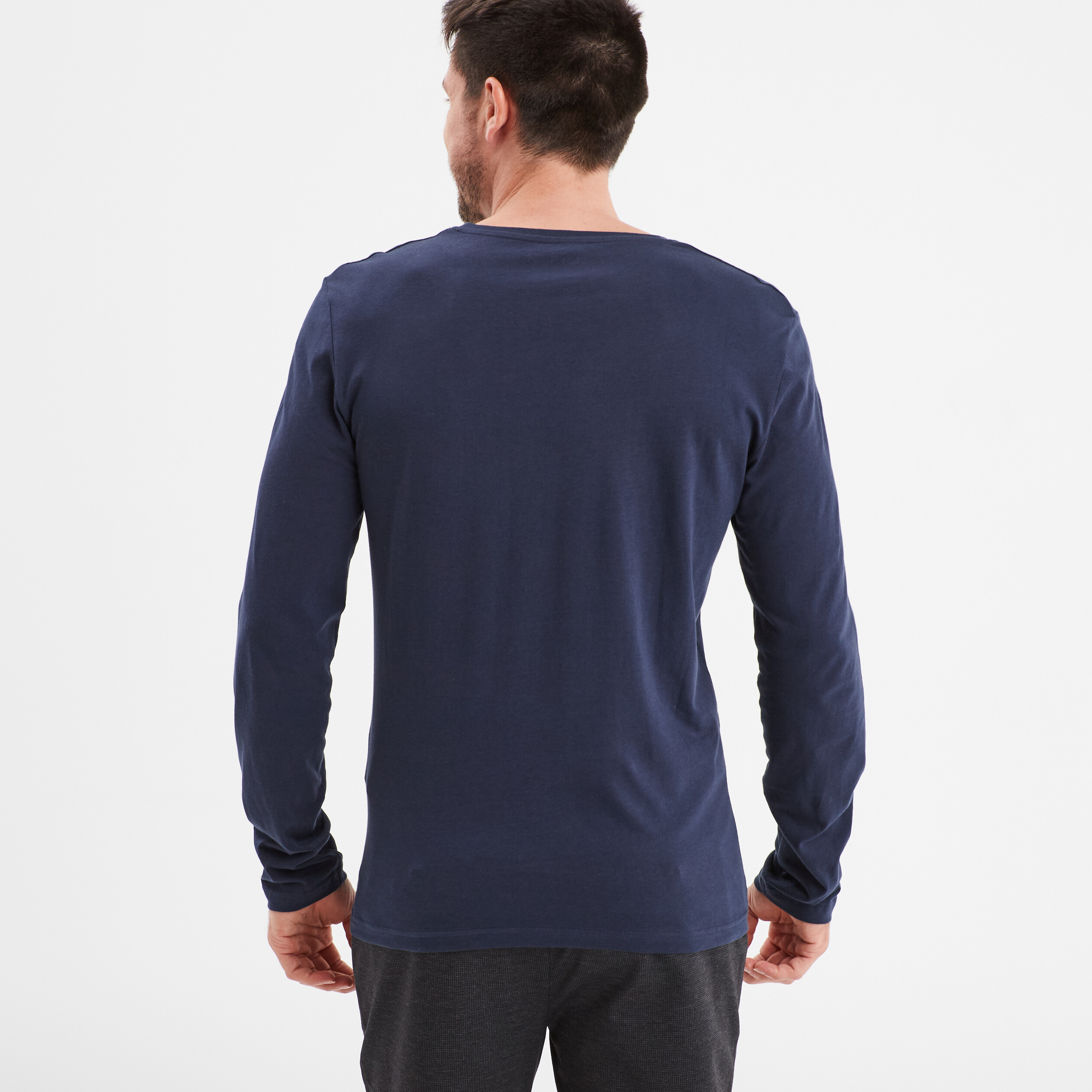 T-shirt col tunisien manches longues bleu marine homme