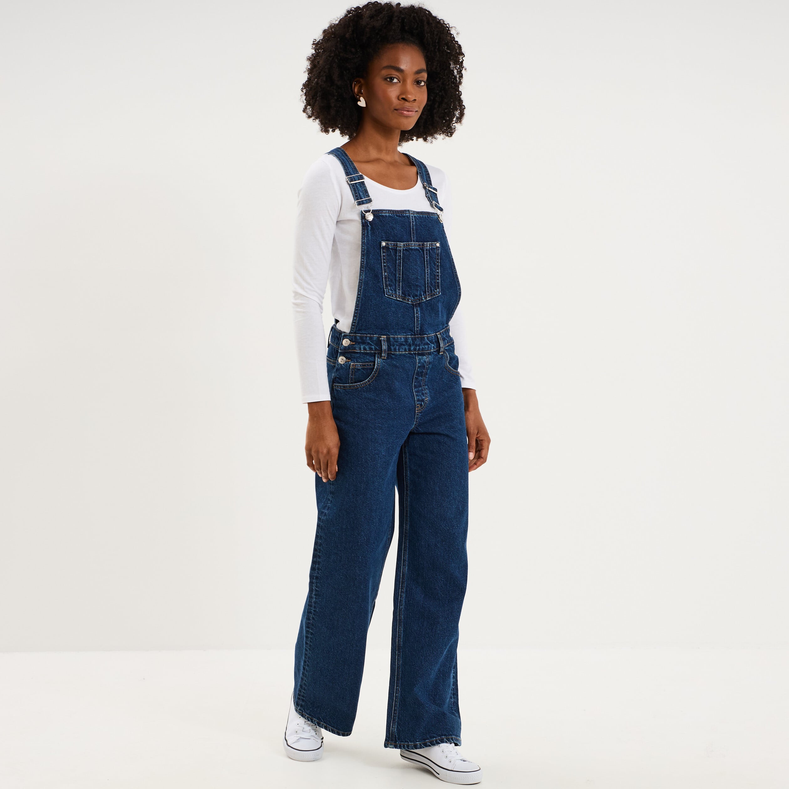 Salopette en jean jambe large coton bleu fonc&eacute; femme