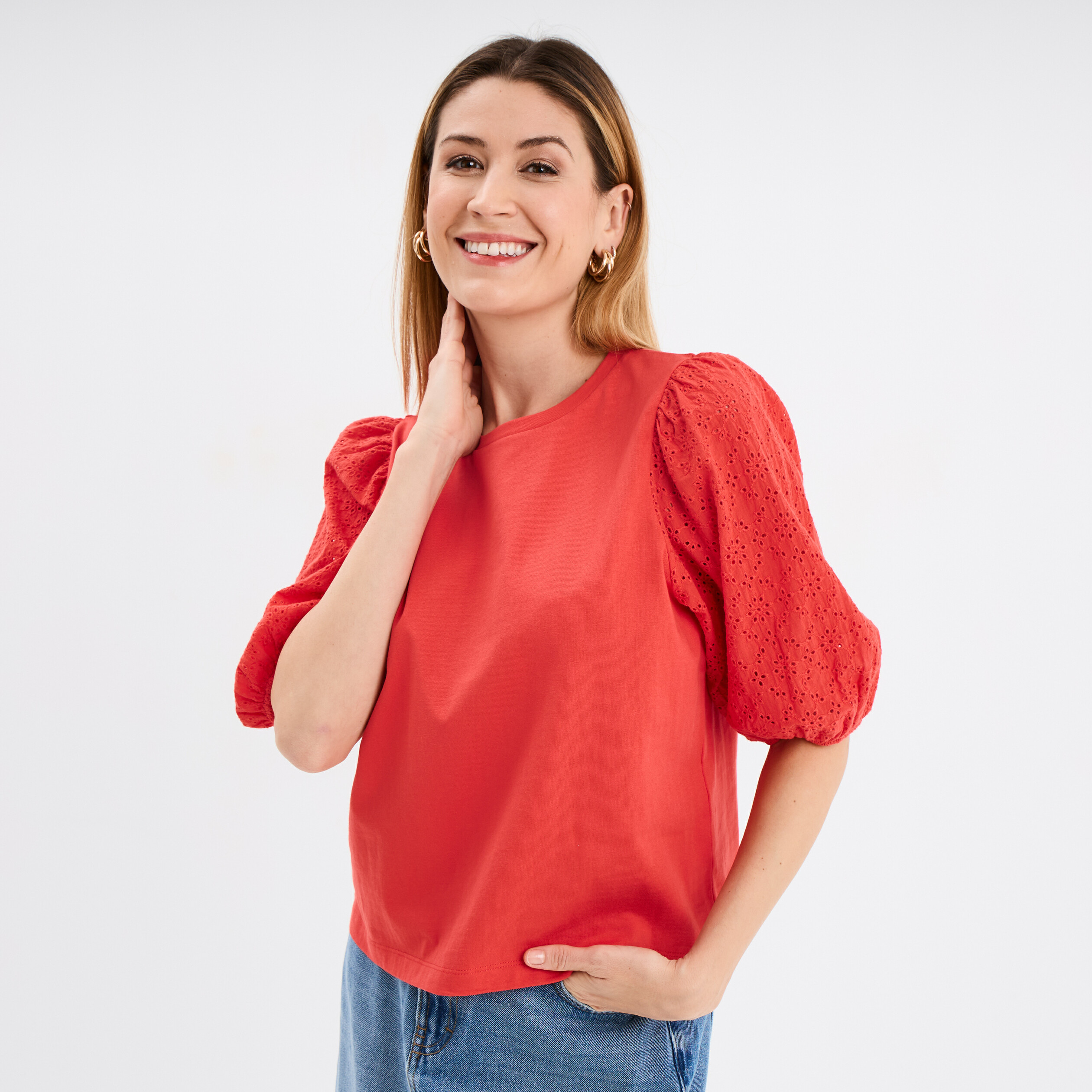 t shirt coton manches broderie anglaise rouge femme T-shirt coton manches broderie anglaise rouge femme