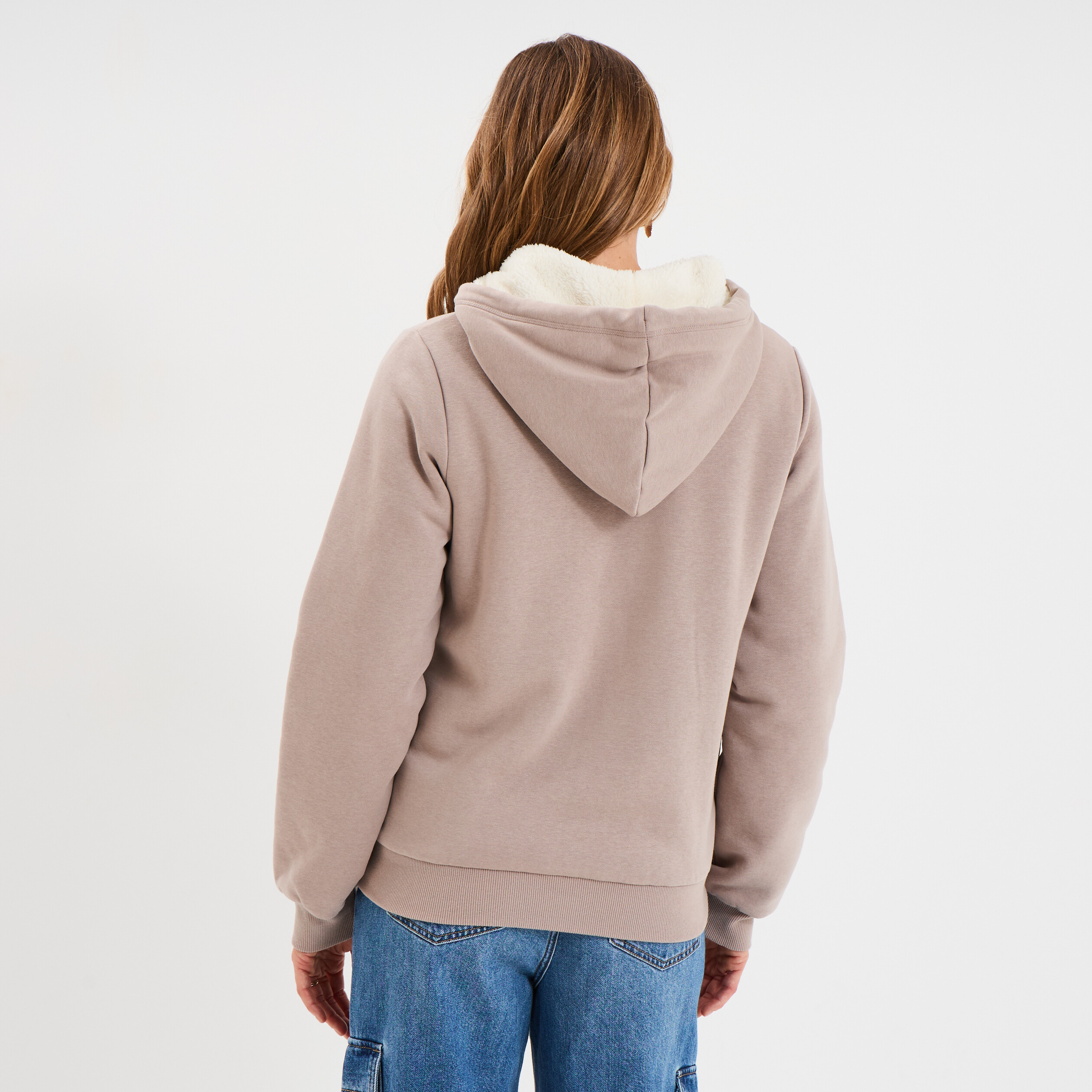 Sweat &agrave; capuche doublure effet sherpa beige femme