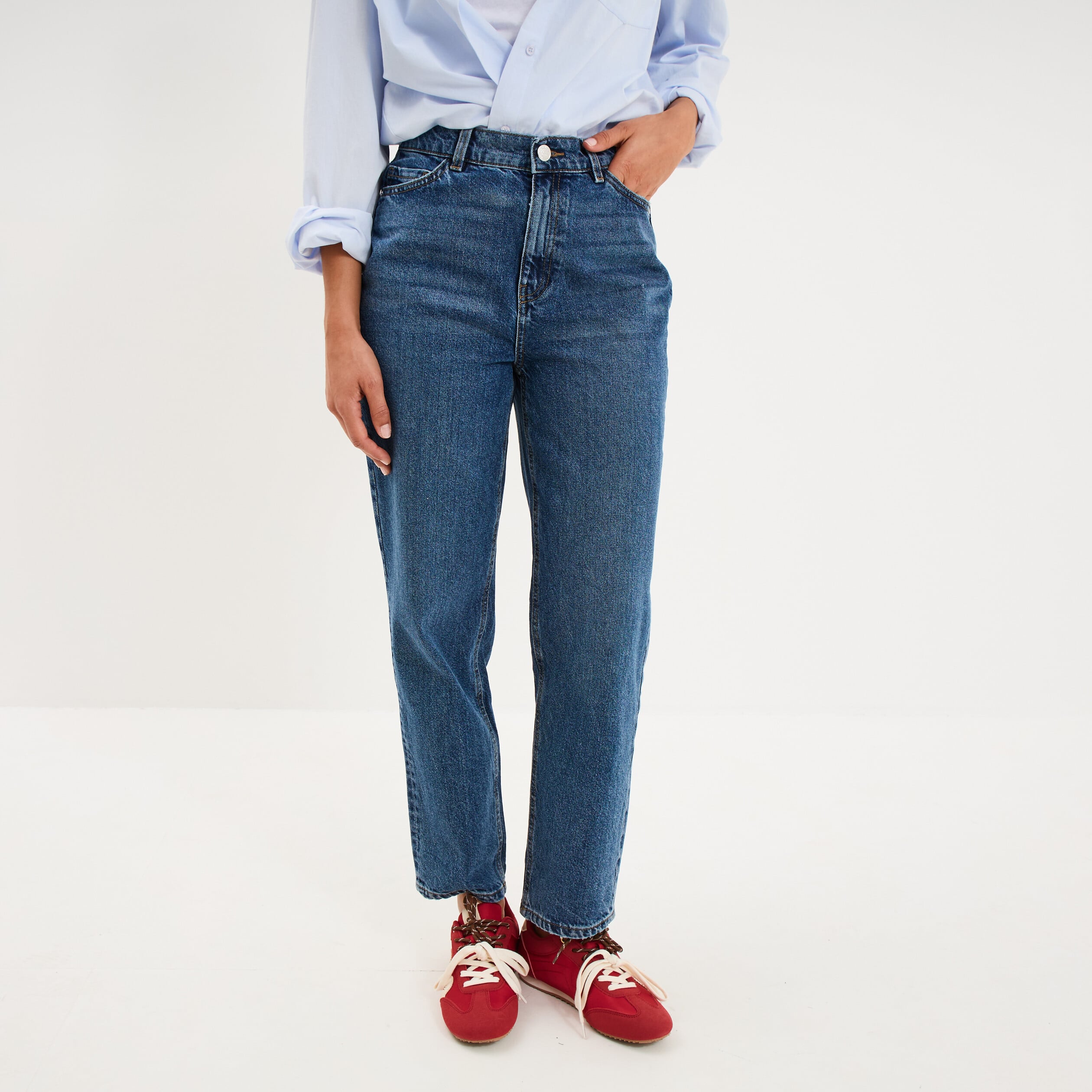 Jeans mom cropped taille haute denim stone femme
