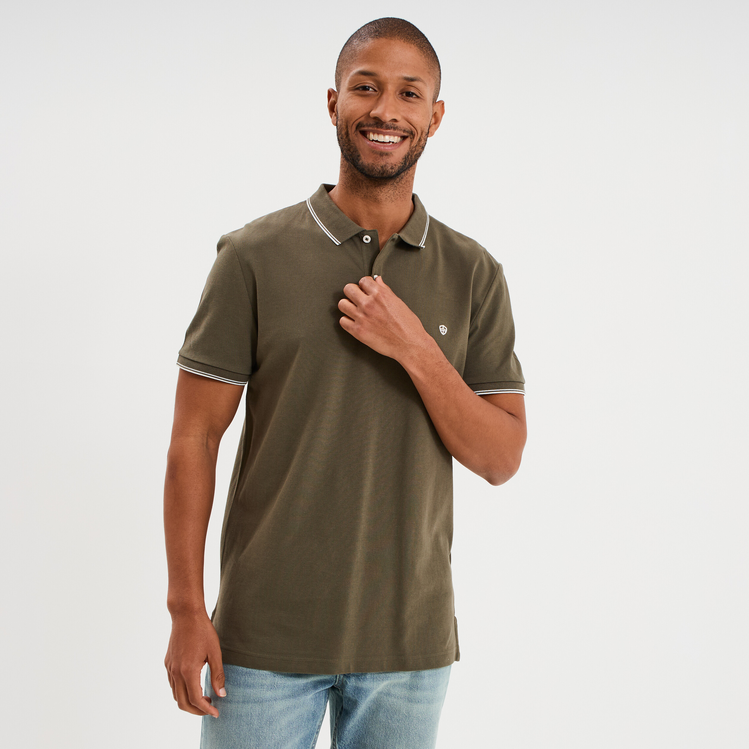 Polo piqu&eacute; coton manches courtes vert kaki homme