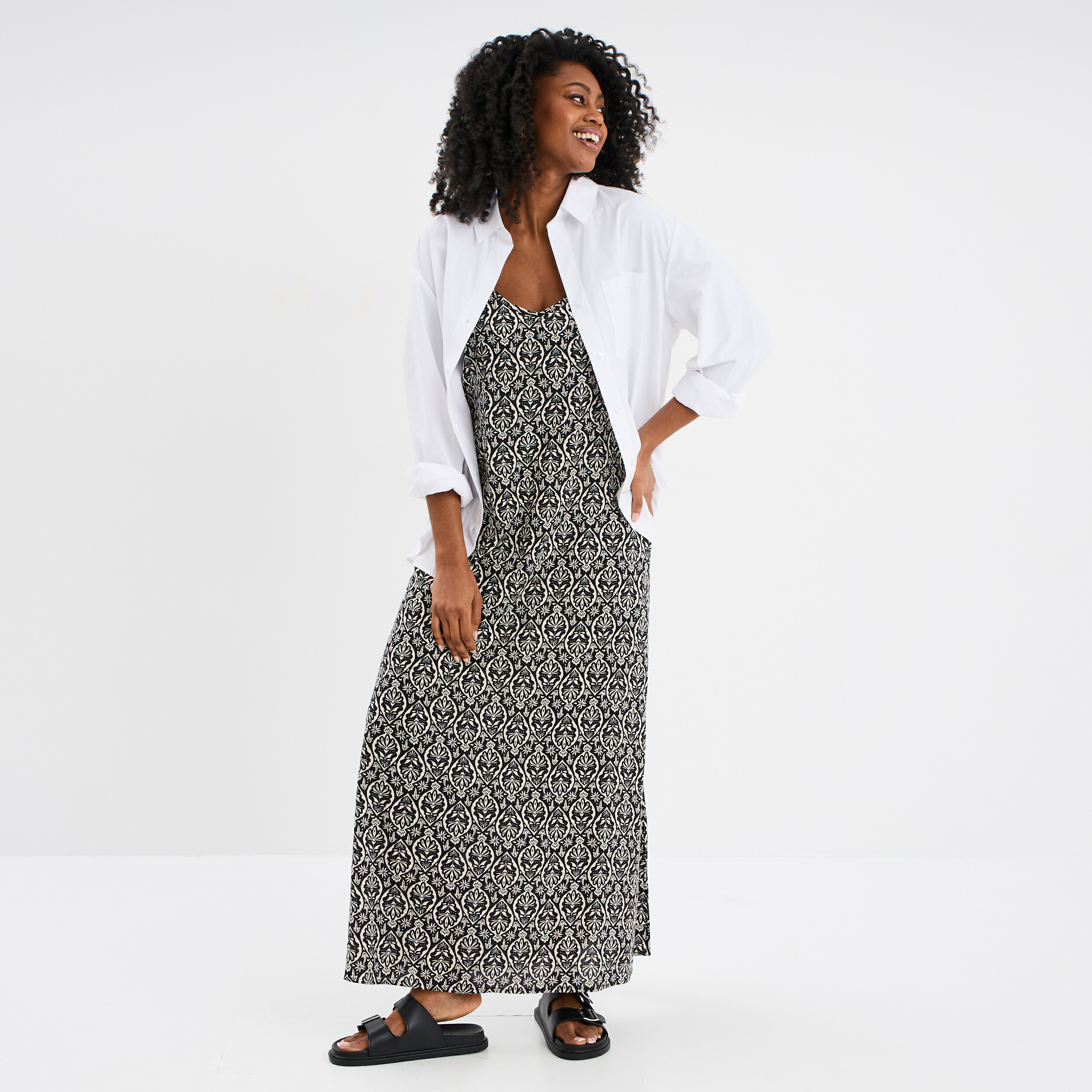 Robe longue droite fluide à bretelles noir femme