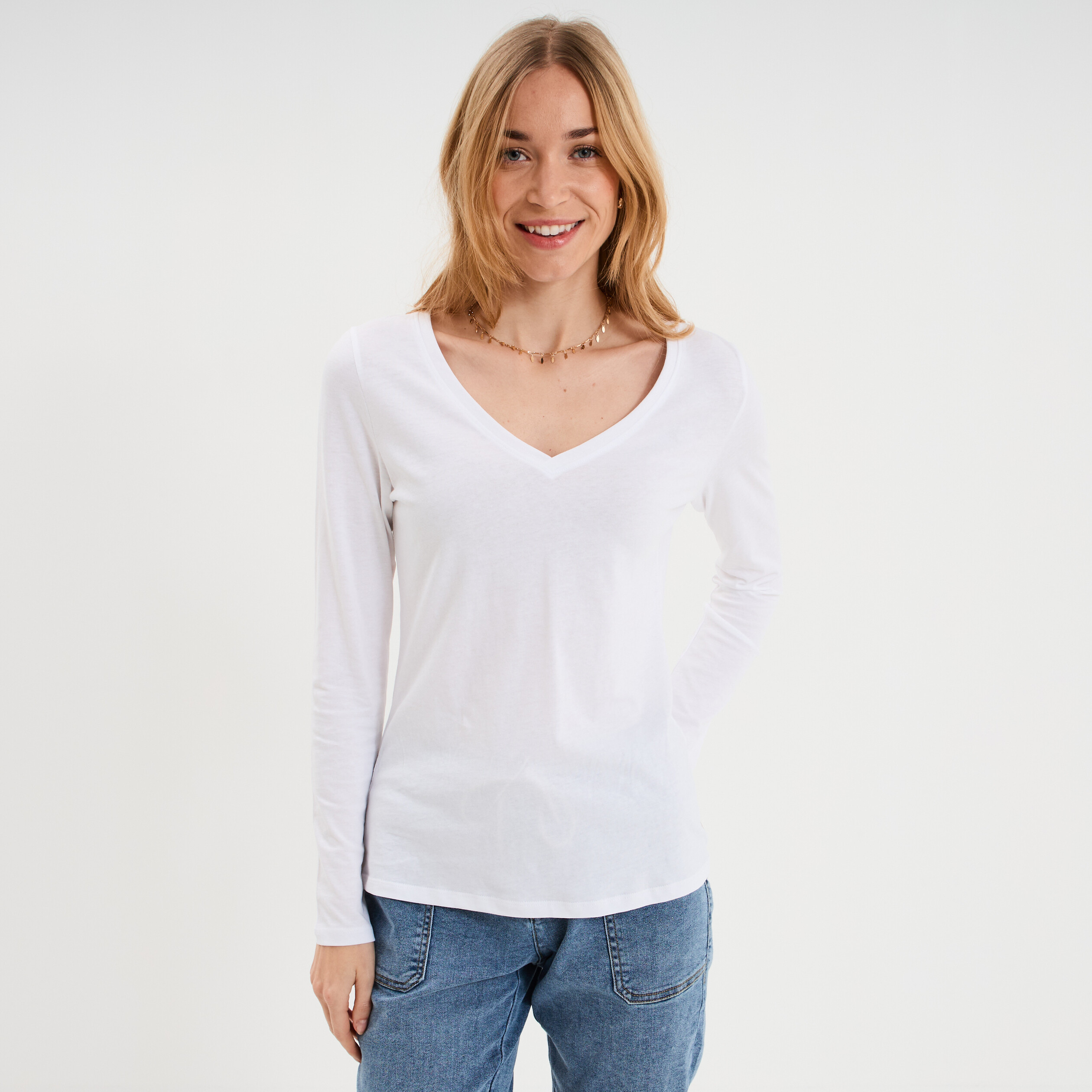 T-shirt col en V manches longues coton blanc femme